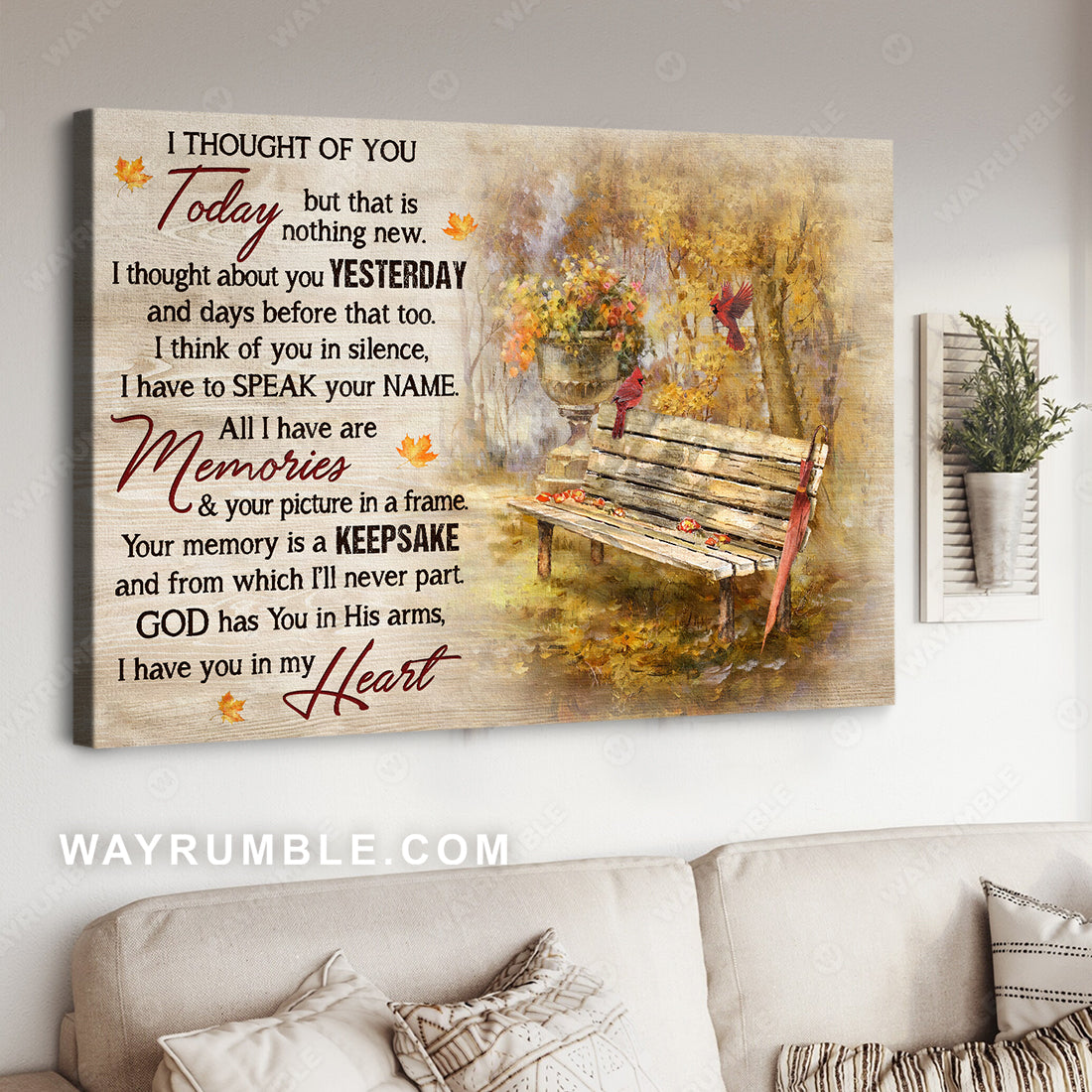 Wooden chair, Red cardinal, Beautiful autumn park, I thought of you today - Heaven Landscape Canvas Prints, Christian Wall Art