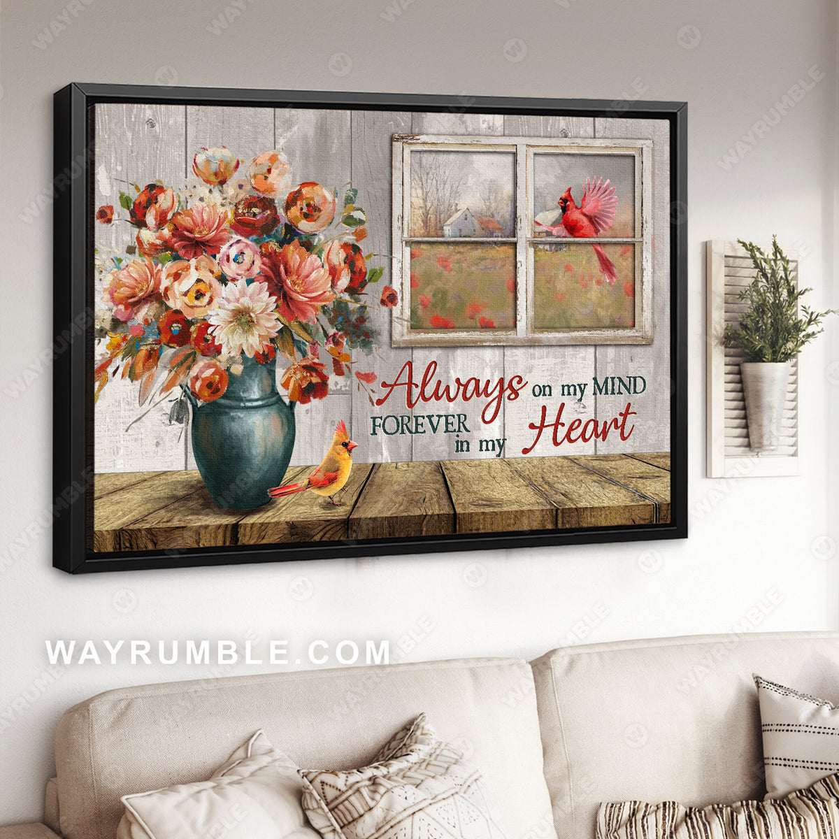 Brilliant rose flower, Red cardinal, Vintage window, Always on my mind - Heaven Landscape Canvas Prints, Wall Art
