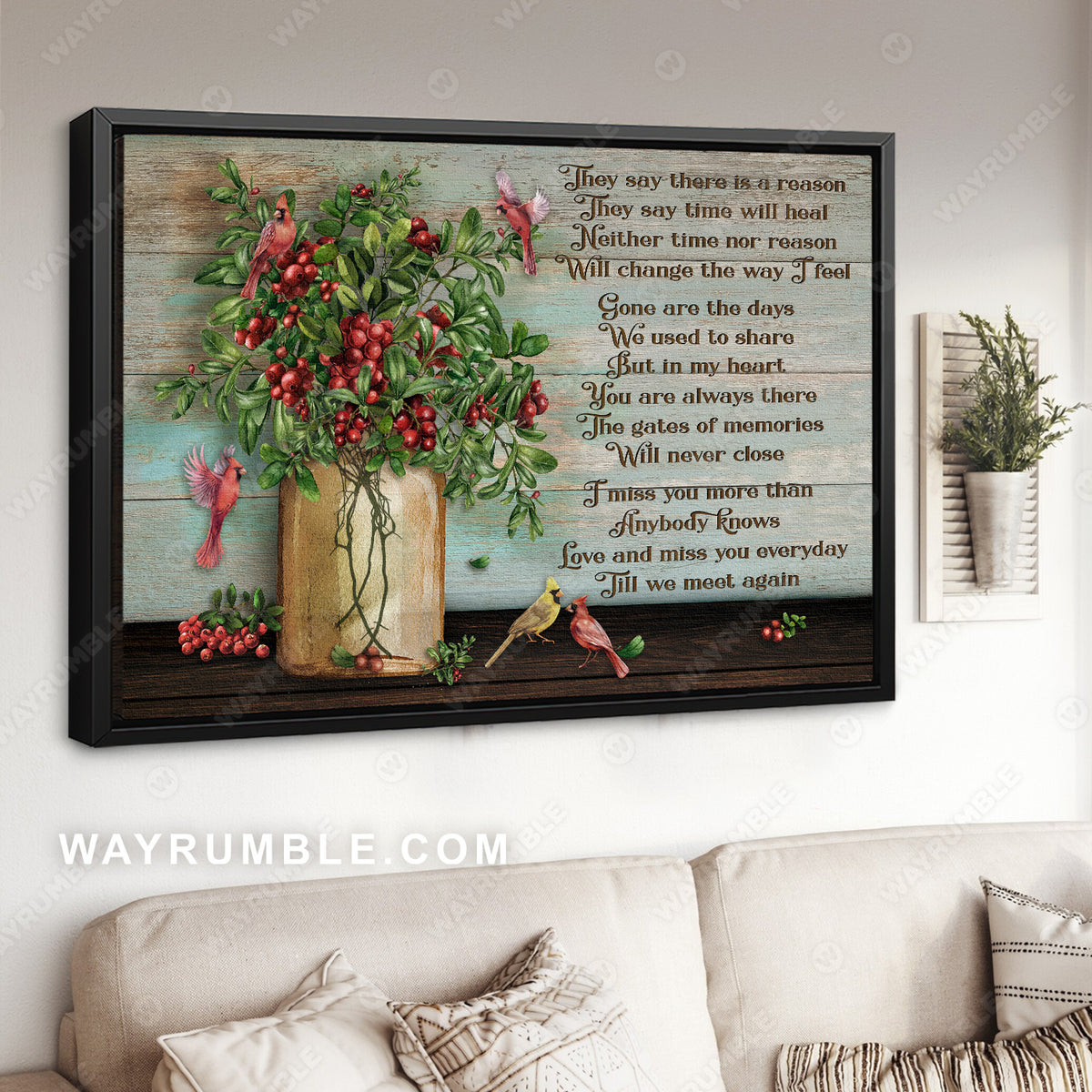 Beautiful cranberry painting, Red cardinal, They say there is a reason - Heaven Landscape Canvas Prints, Wall Art