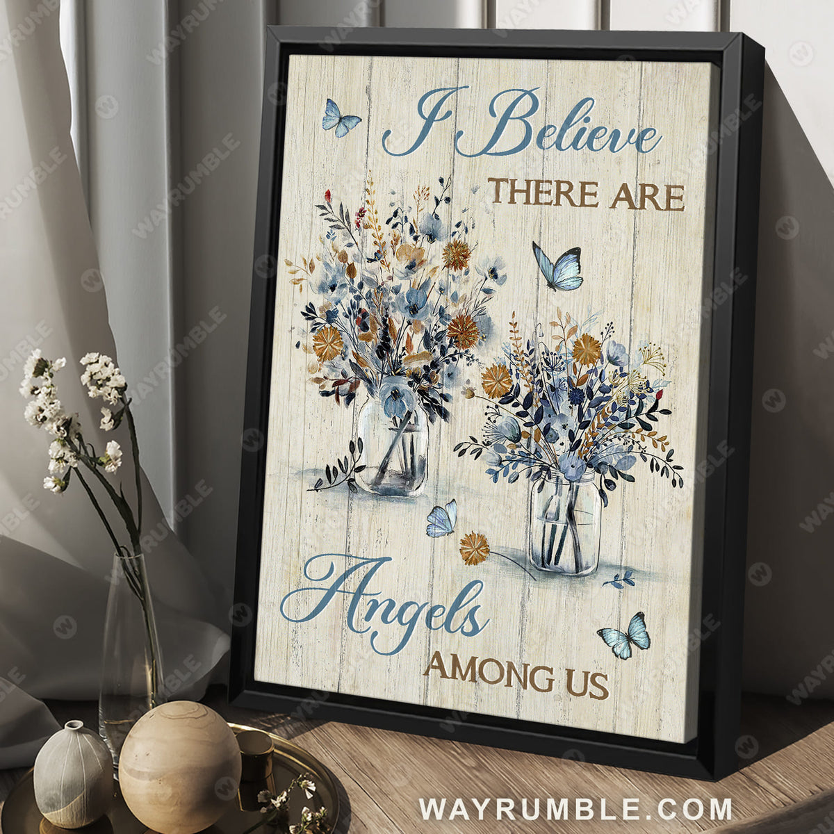 Dried flower drawing, Blue butterfly, I believe there are angels among us - Heaven Portrait Canvas Prints, Wall Art