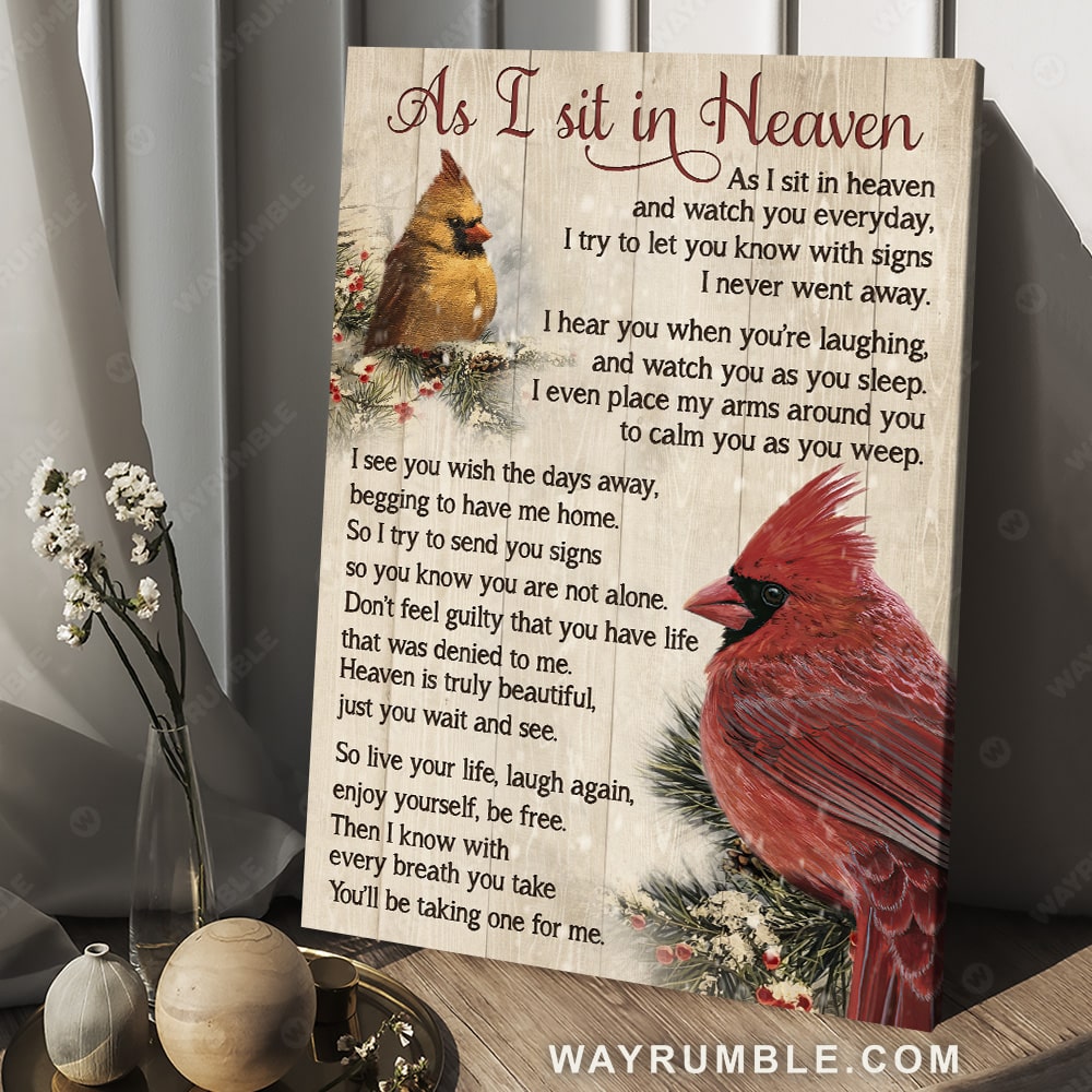 Big cardinal drawing, Frozen cranberry, Winter drawing, As I sit in heaven - Heaven Portrait Canvas Prints, Wall Art