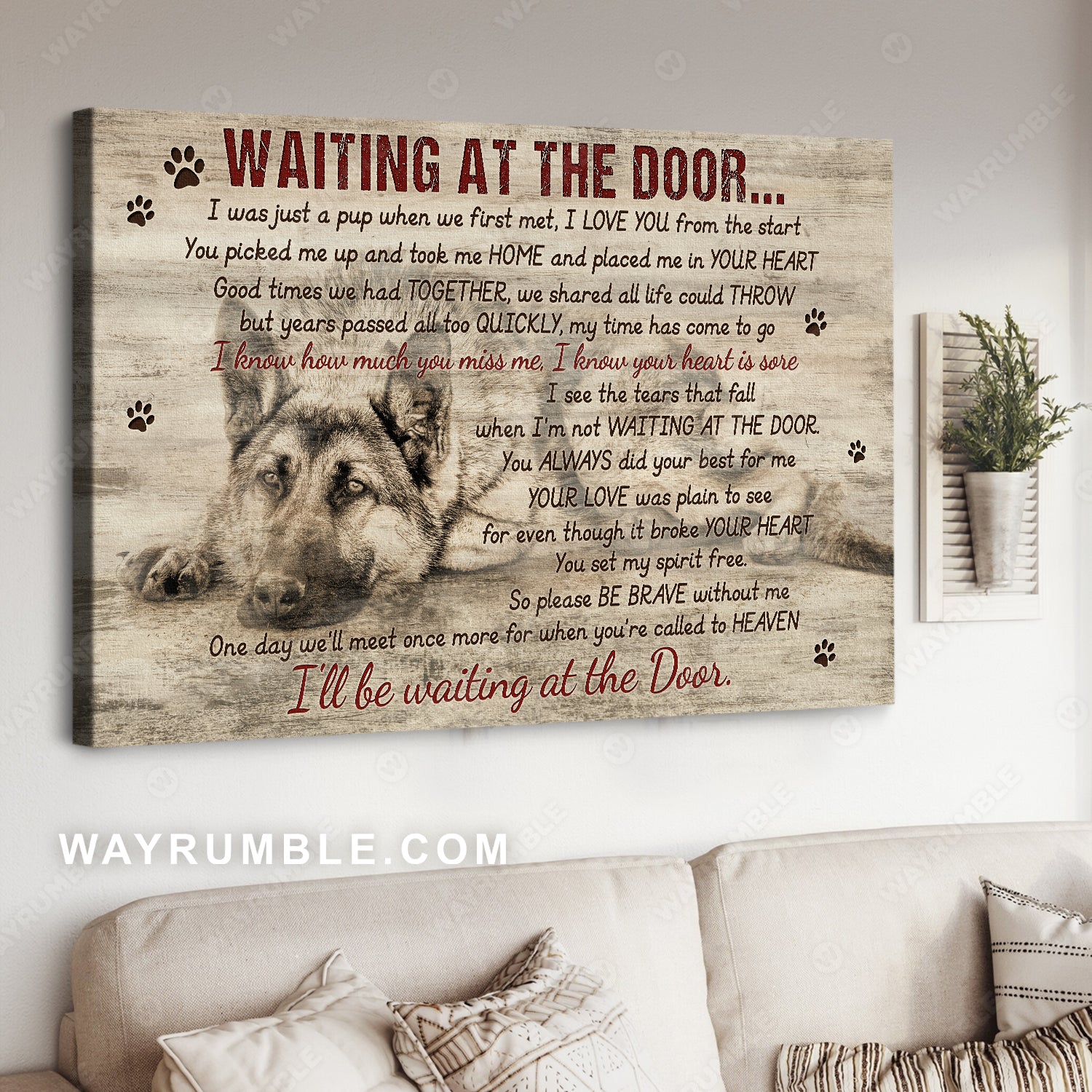 German Shepherd, Vintage painting, Waiting at the door - Heaven Landscape Canvas Prints, Wall Art