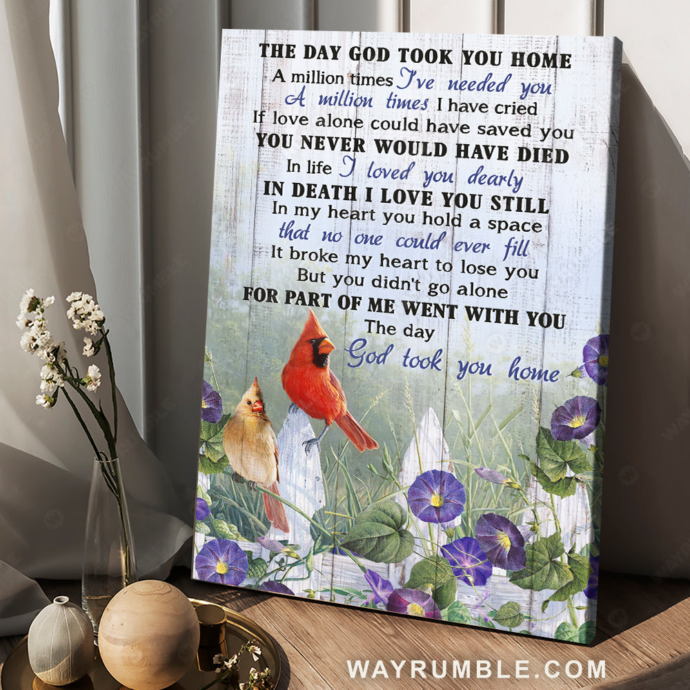 Purple petunia flower, Pretty cardinal, The day God took you home - Heaven Portrait Canvas Prints, Wall Art