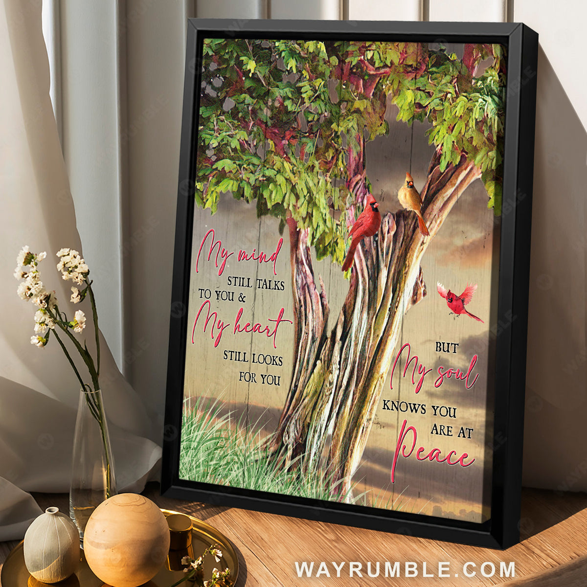 Green tree, Watercolor cardinal, My mind still talks to you - Heaven Portrait Canvas Prints, Wall Art