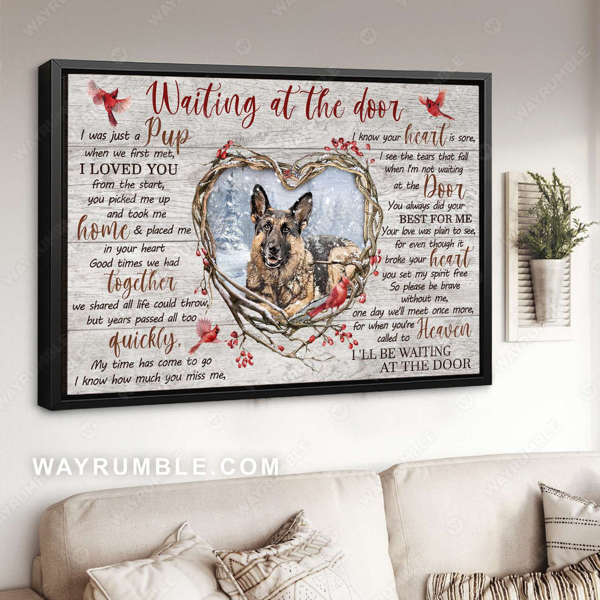 Heart of thorn, German shepherd dog, Red cardinal, Waiting at the door - Heaven Landscape Canvas Prints, Wall Art