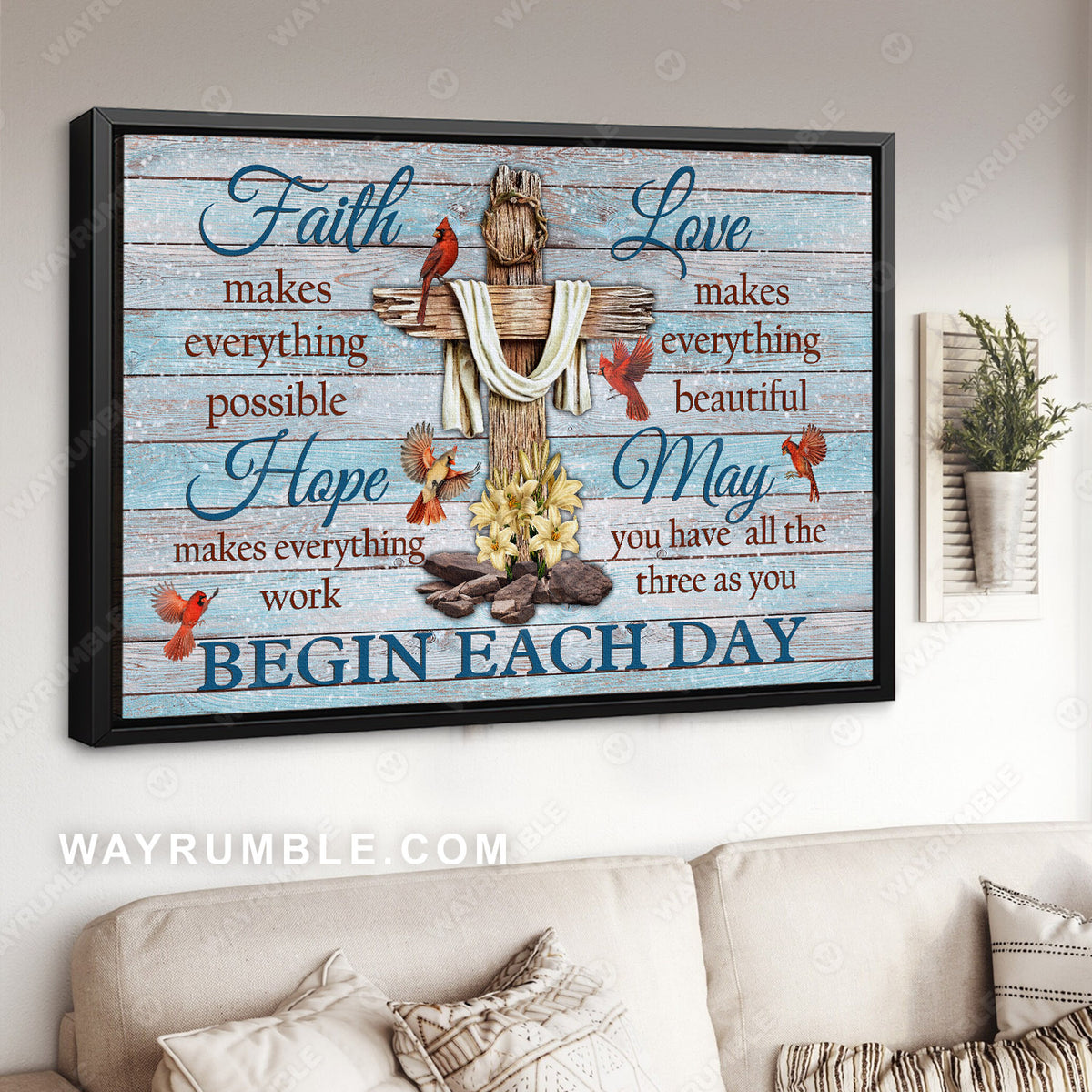 Red cardinal, Yellow lily, Wooden cross, Faith makes everything possible - Heaven Landscape Canvas Prints, Wall Art