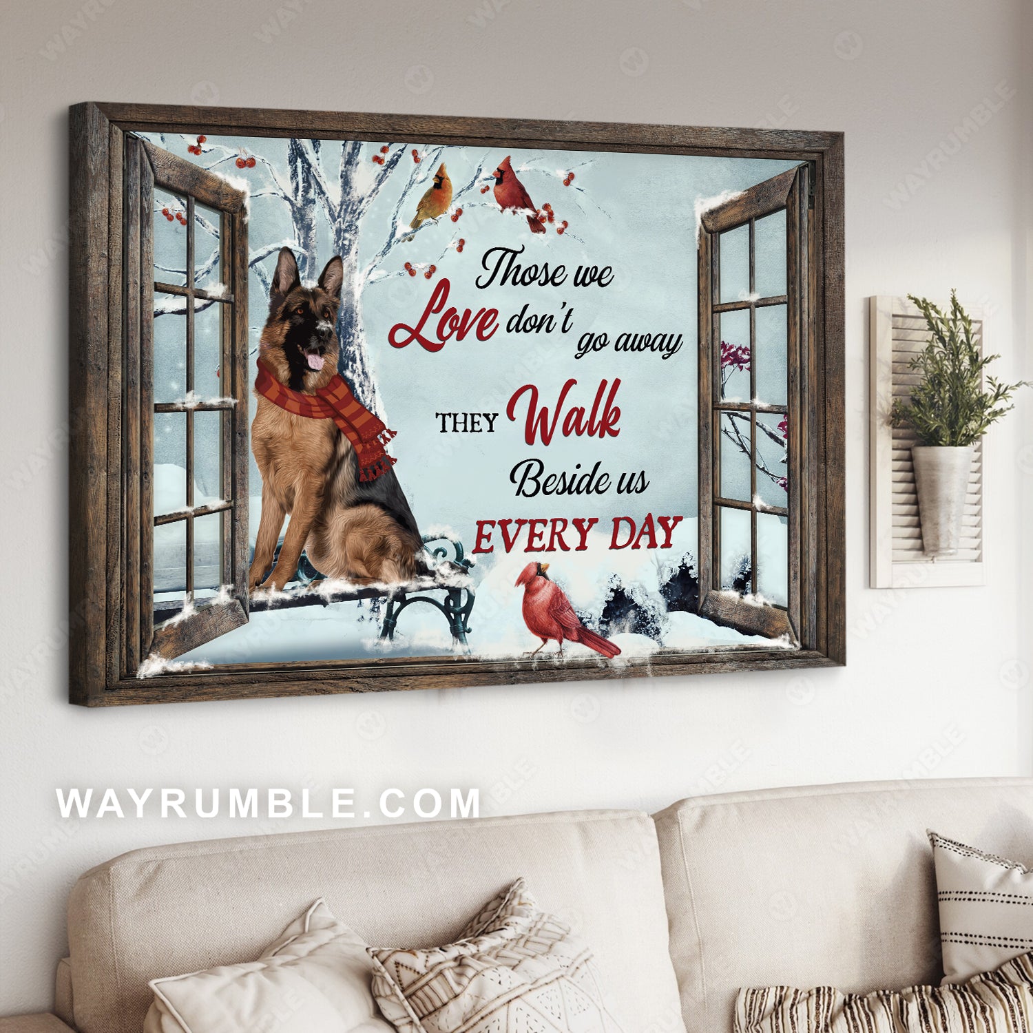 German shepherd drawing, White snow, Cardinal, Those we love don't go away - Heaven Landscape Canvas Prints, Wall Art
