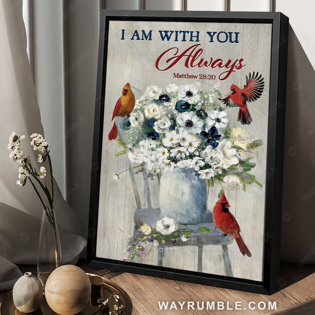 Beautiful white flower, Red cardinal, Jasmine, I am with you always - Heaven Portrait Canvas Prints, Wall Art