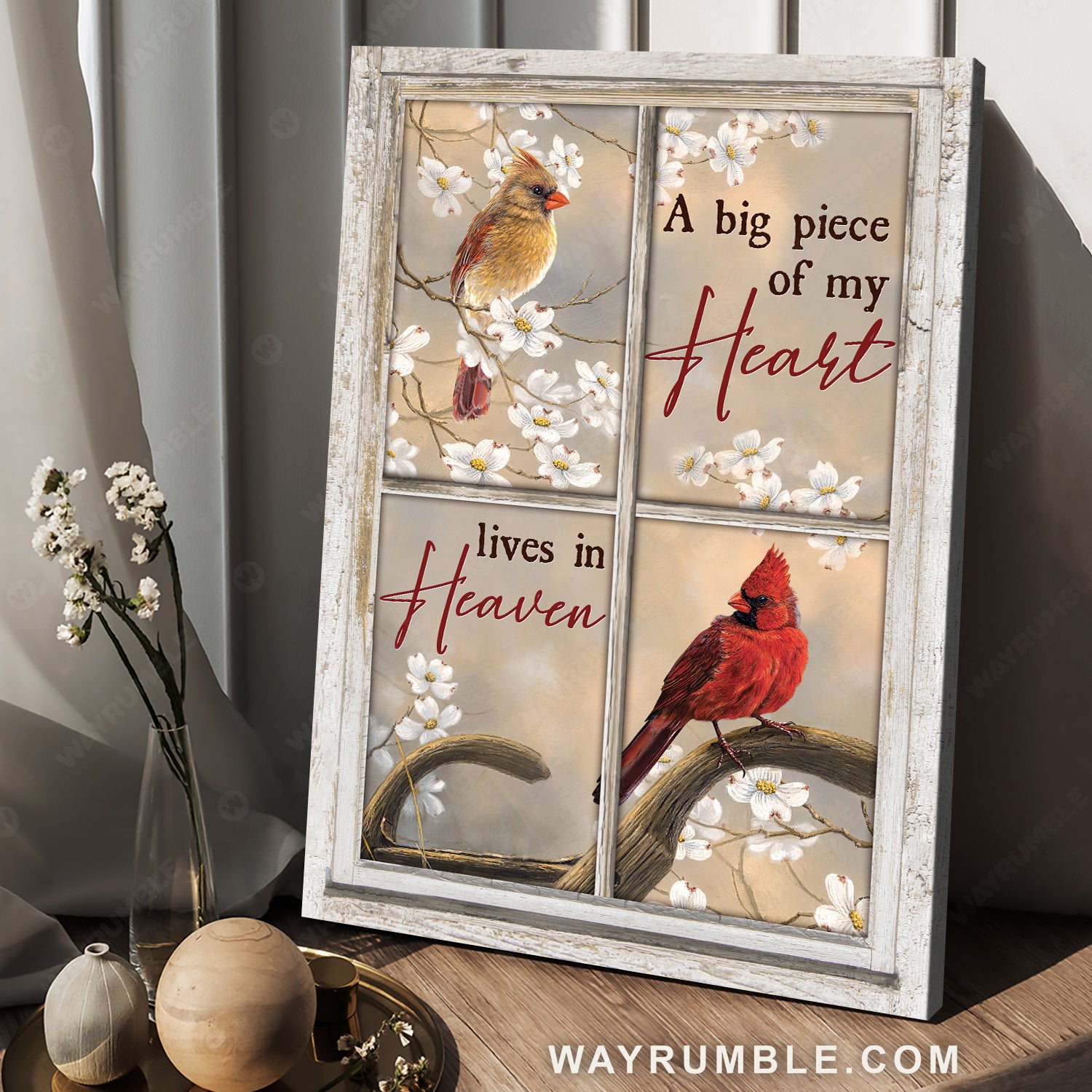 White jasmine, Cardinal drawing, A big piece of my heart lives in heaven - Heaven Portrait Canvas Prints, Home Decor Wall Art