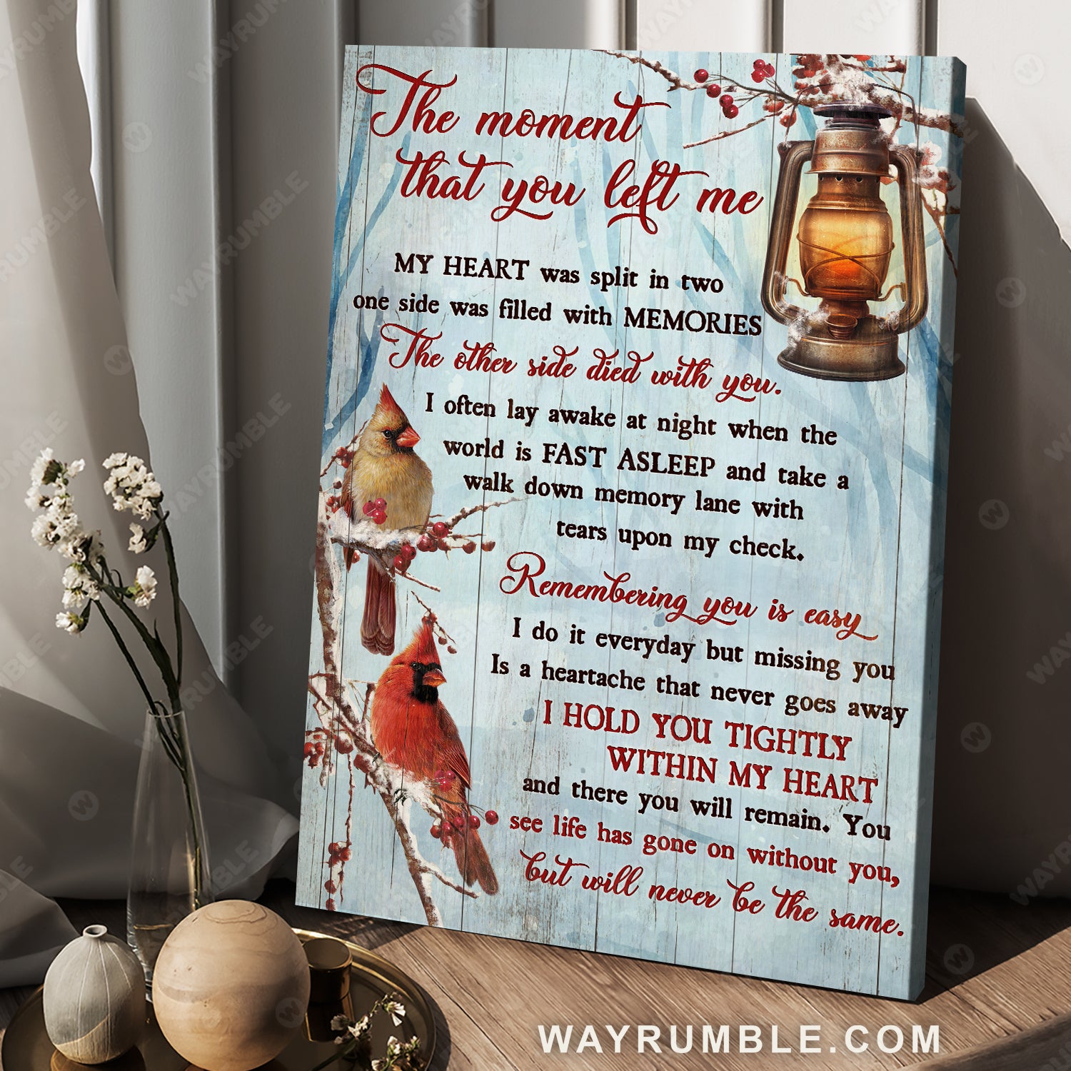 Vintage lantern, Red cardinal, Cranberry, The moment that you left me - Heaven Portrait Canvas Prints, Wall Art