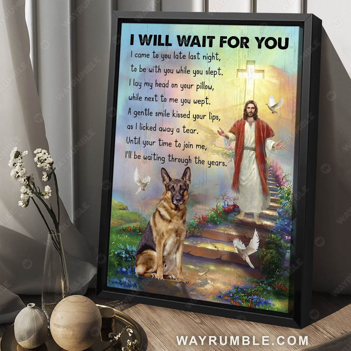 Jesus drawing, German shepherd painting, Dove, I will wait for you - Heaven Portrait Canvas Prints, Wall Art
