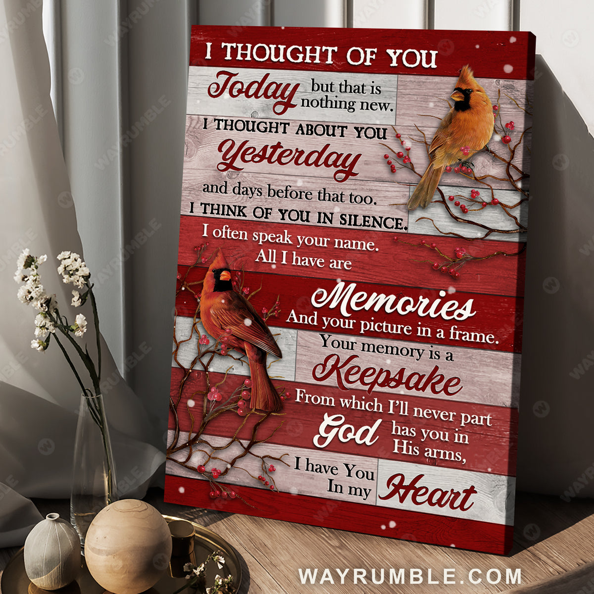 Cardinal drawing, Watercolor cranberry, Red background, I thought of you - Heaven Portrait Canvas Prints, Wall Art