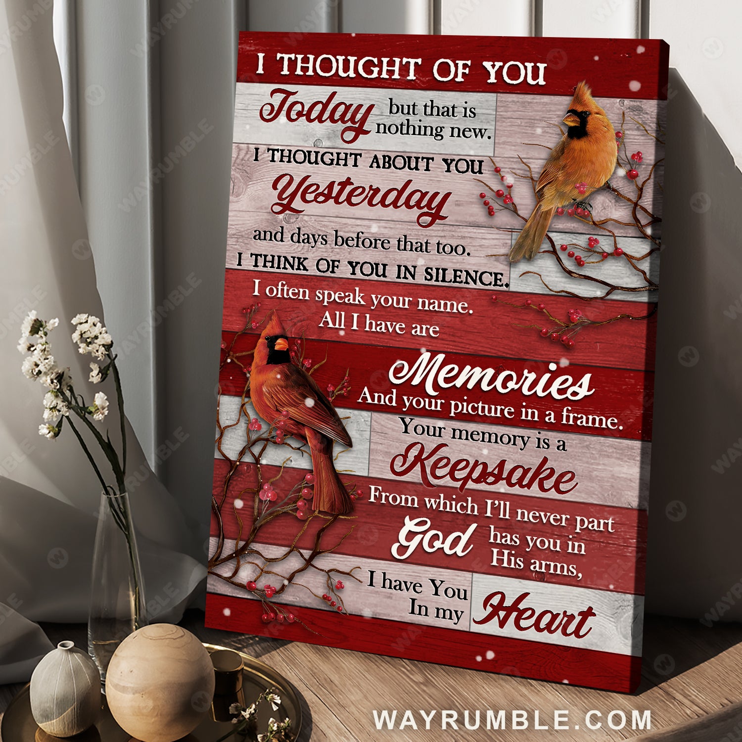 Cardinal drawing, Watercolor cranberry, Red background, I thought of you - Heaven Portrait Canvas Prints, Wall Art