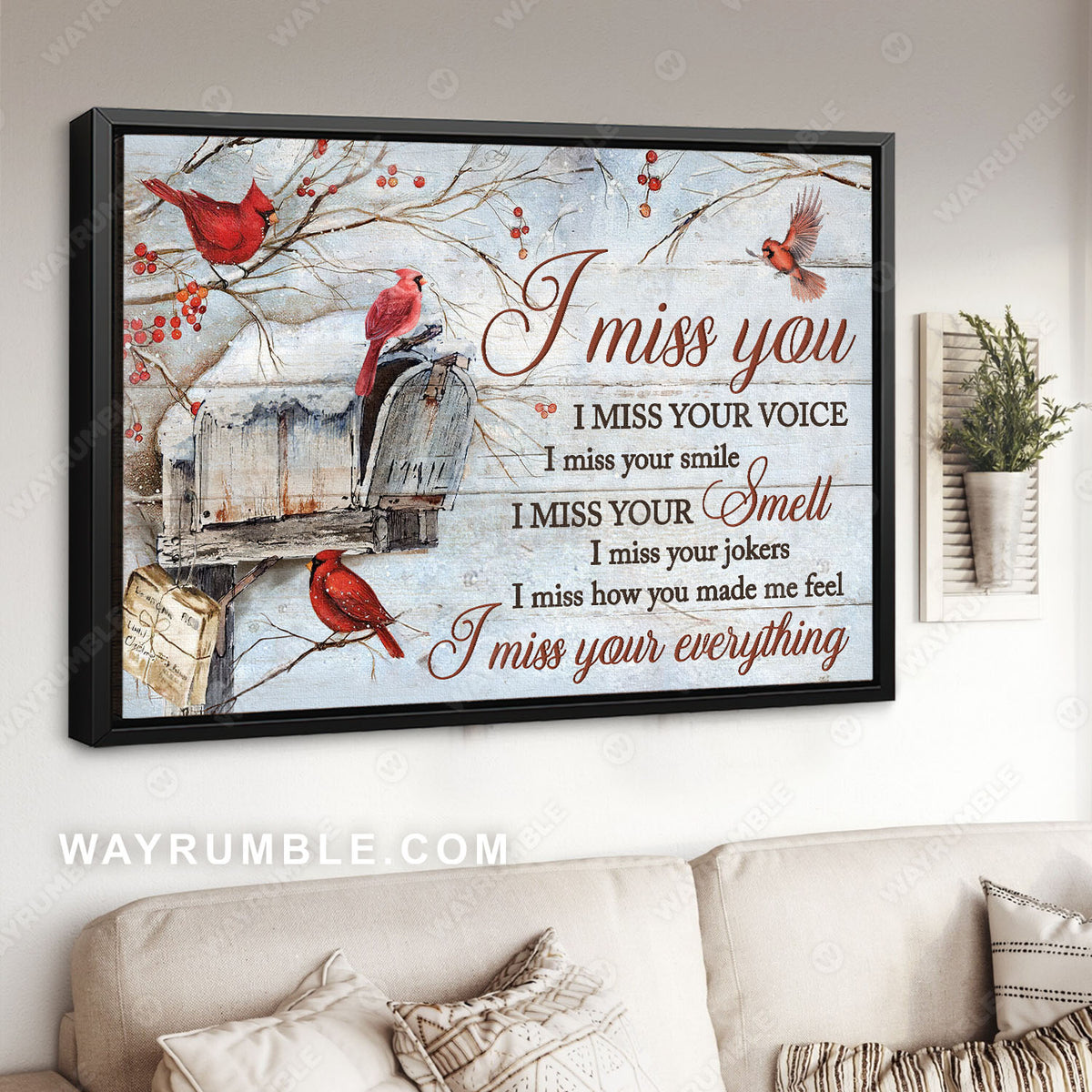 Vintage birdhouse, Red cardinal, Winter drawing, I miss your everything - Heaven Landscape Canvas Prints, Wall Art