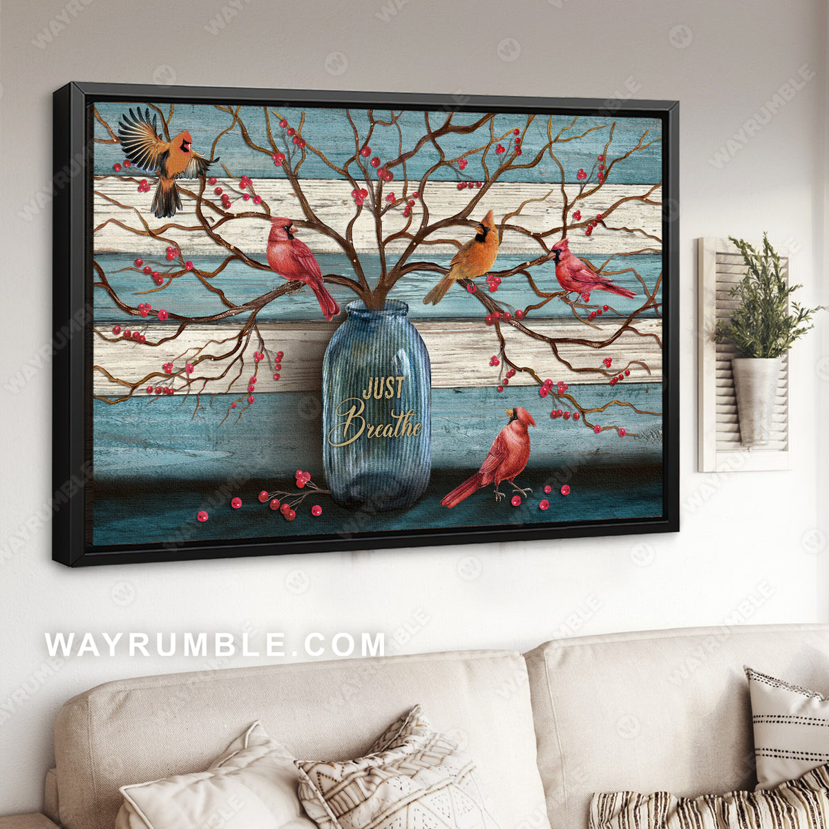 Beautiful cranberry tree, Cardinal painting, Blue background, Just breathe - Heaven Landscape Canvas Prints, Wall Art