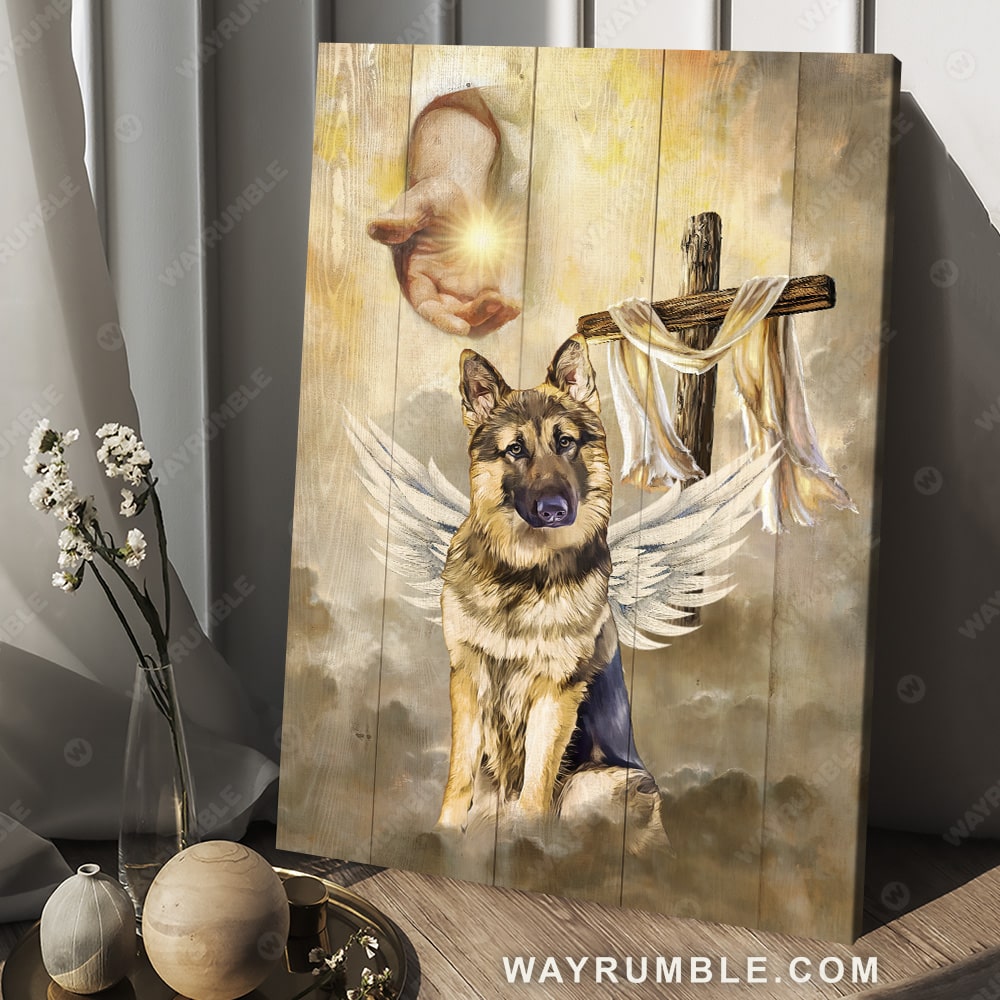 Walking with Jesus, German shepherd, Wooden cross, Angel wings - Heaven Portrait Canvas Prints, Wall Art