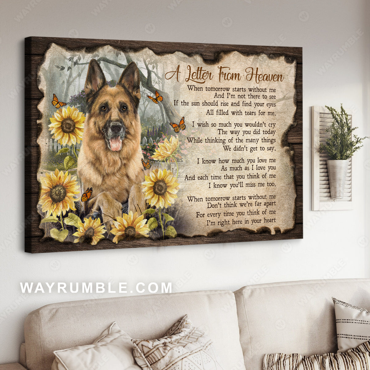Cute German Shepherd, Sunflower garden, Monarch butterfly, A letter from heaven - Heaven Landscape Canvas Prints, Wall Art