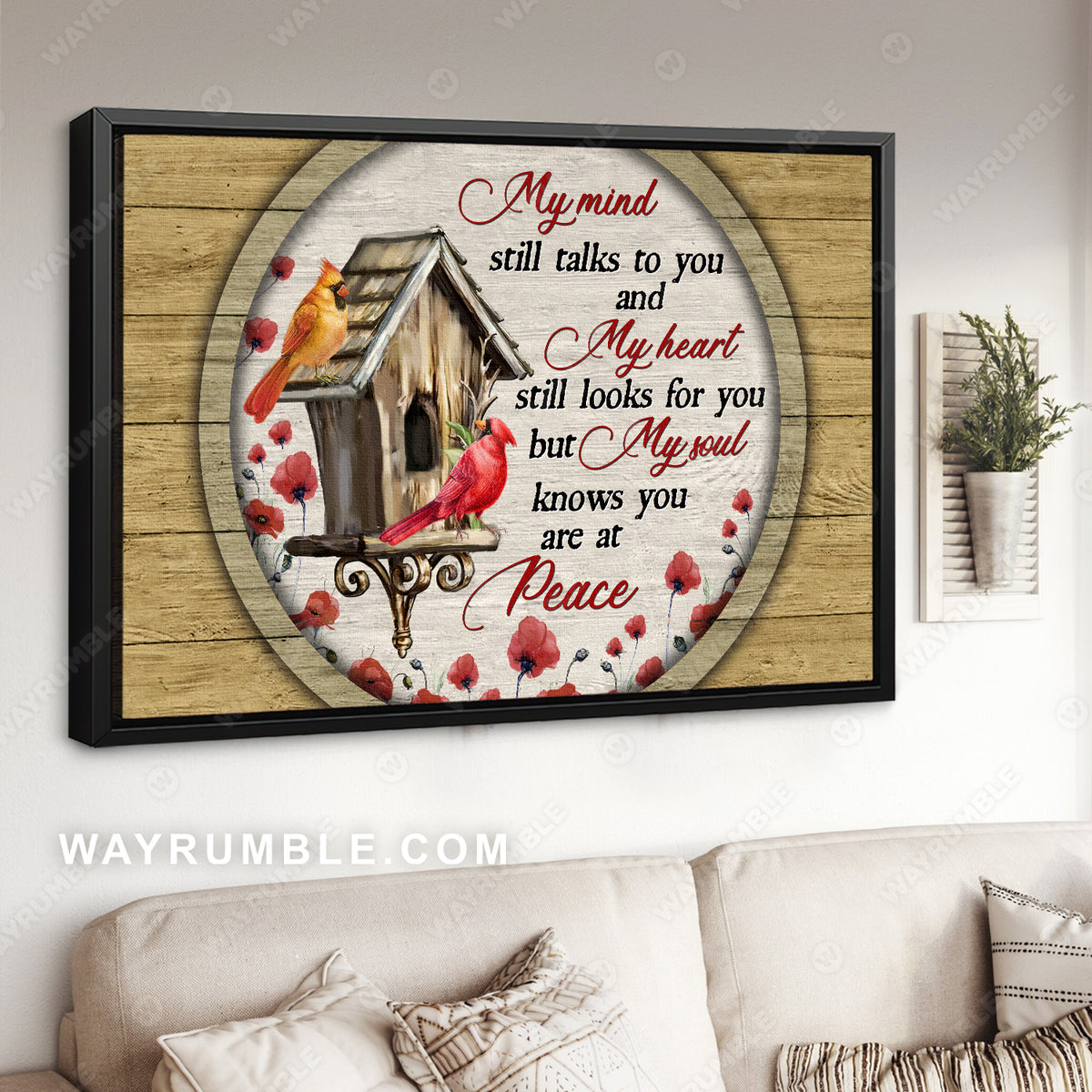 Circle frame, Wooden birdhouse, Cardinal, Poppy, My mind still talks to you - Heaven Landscape Canvas Prints, Wall Art