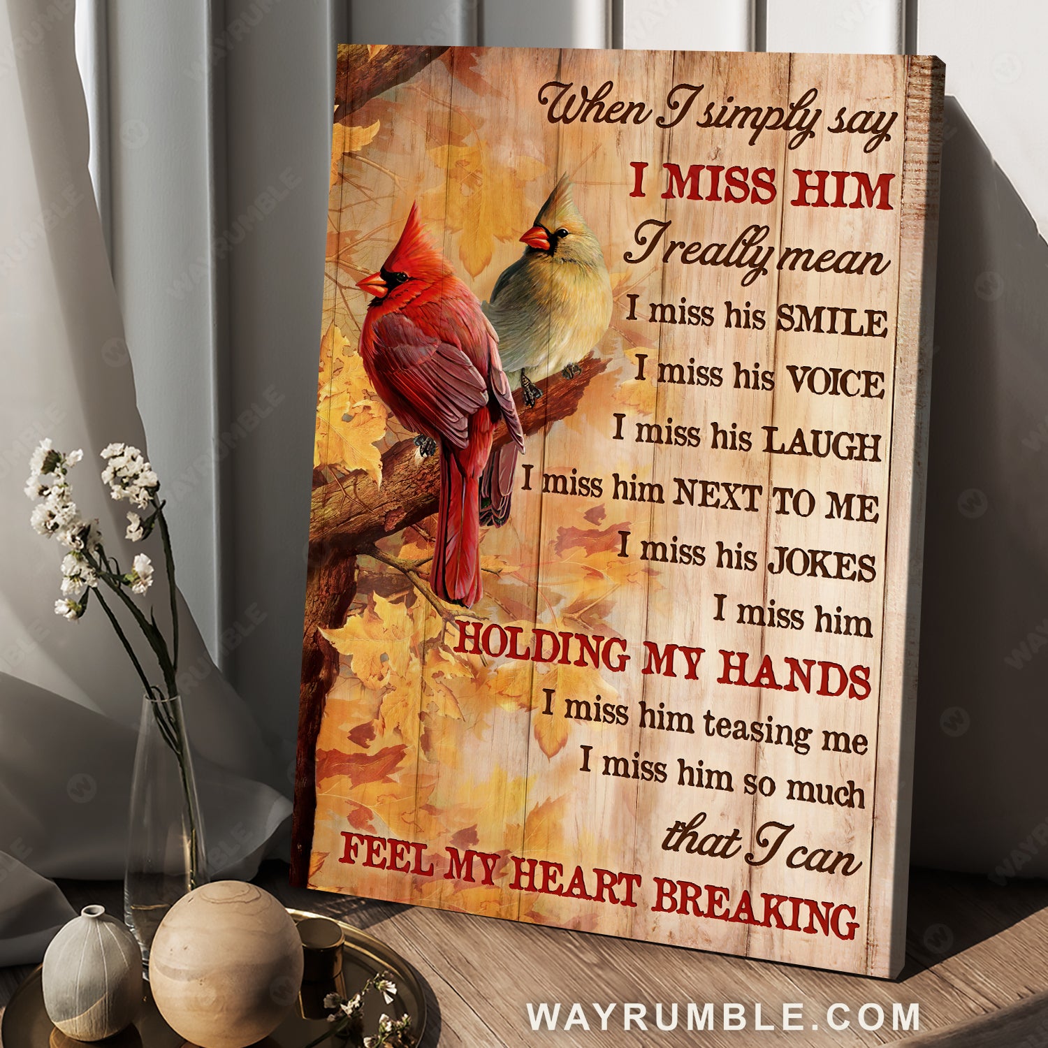 Pretty cardinal, Yellow forest drawing, When I simply say I miss him - Heaven Portrait Canvas Prints, Wall Art