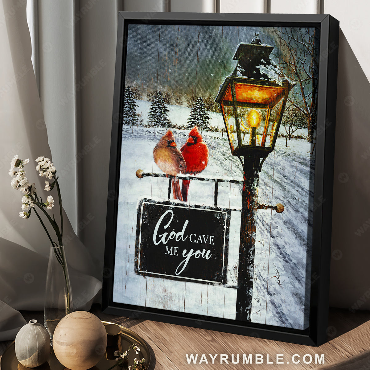 White snow, Black lantern painting, Beautiful cardinal, God gave me you - Heaven Portrait Canvas Prints, Wall Art