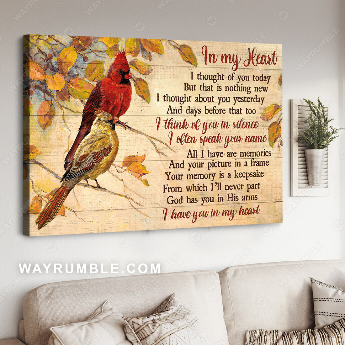 Autumn forest, Beautiful cardinal, Yellow background, In my heart - Heaven Landscape Canvas Prints, Wall Art