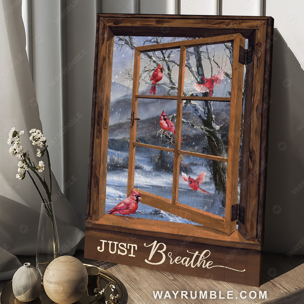 Blue night, Red cardinal drawing, Wooden window, White snow, Just breathe - Heaven Portrait Canvas Prints, Wall Art