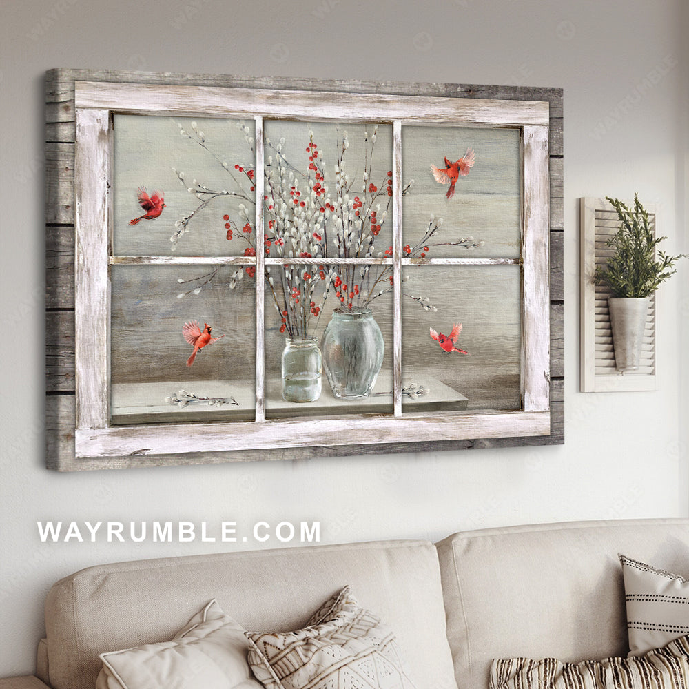 Baby flower vase, Red cardinal, Antique window - Heaven Landscape Canvas Prints, Wall Art