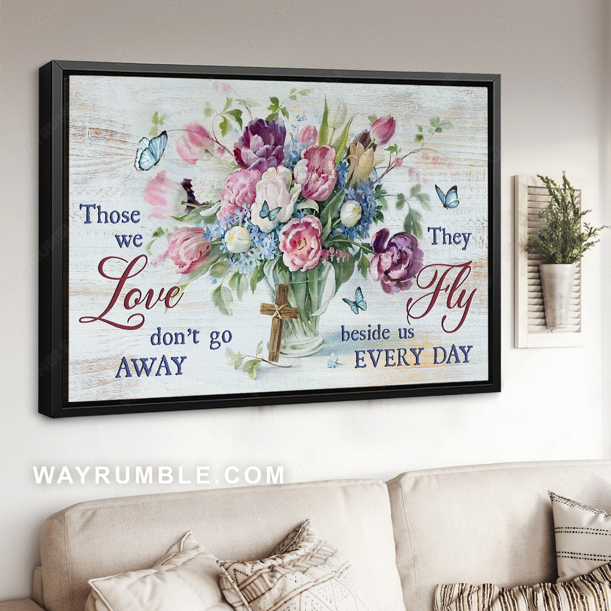 Pastel flower vase, Wooden cross, Butterfly, They fly beside us every day - Heaven Landscape Canvas Prints, Wall Art