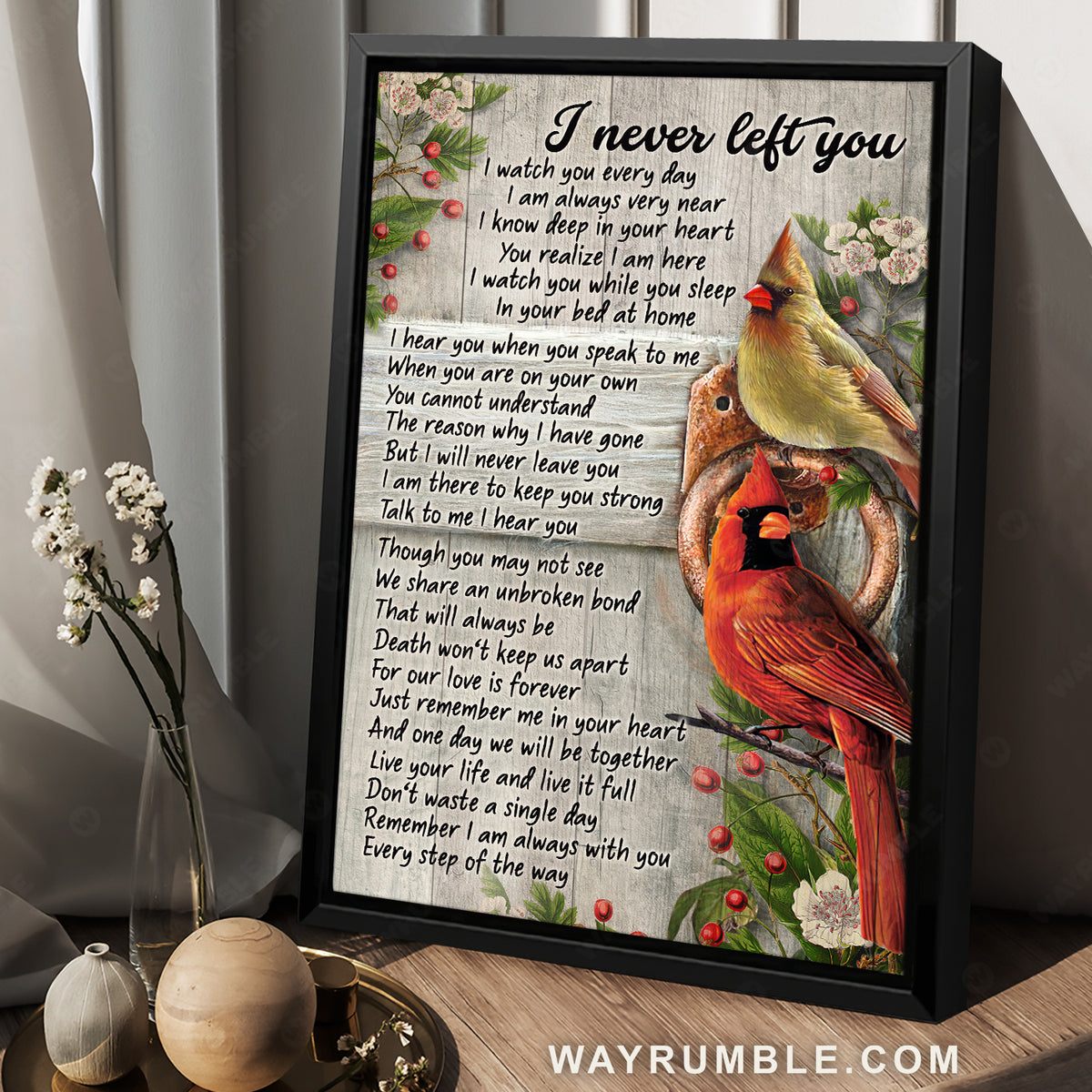 Cardinal painting, White flower, Red cranberry, I never left you - Heaven Portrait Canvas Prints, Wall Art