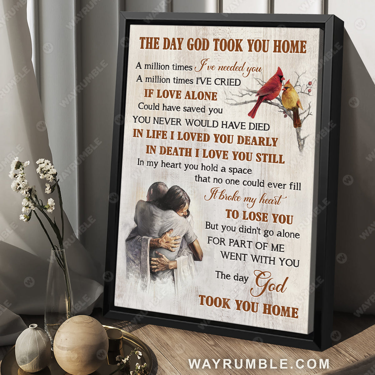 Walking with Jesus, Red cardinal, Cranberry, The day God took you home - Heaven Portrait Canvas Prints, Wall Art