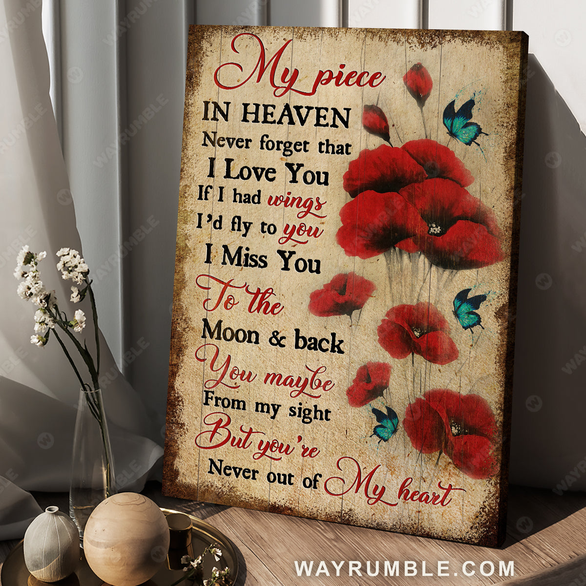Dark red poppy, Pretty butterfly, Still life drawing, My piece in heaven - Heaven Portrait Canvas Prints, Wall Art