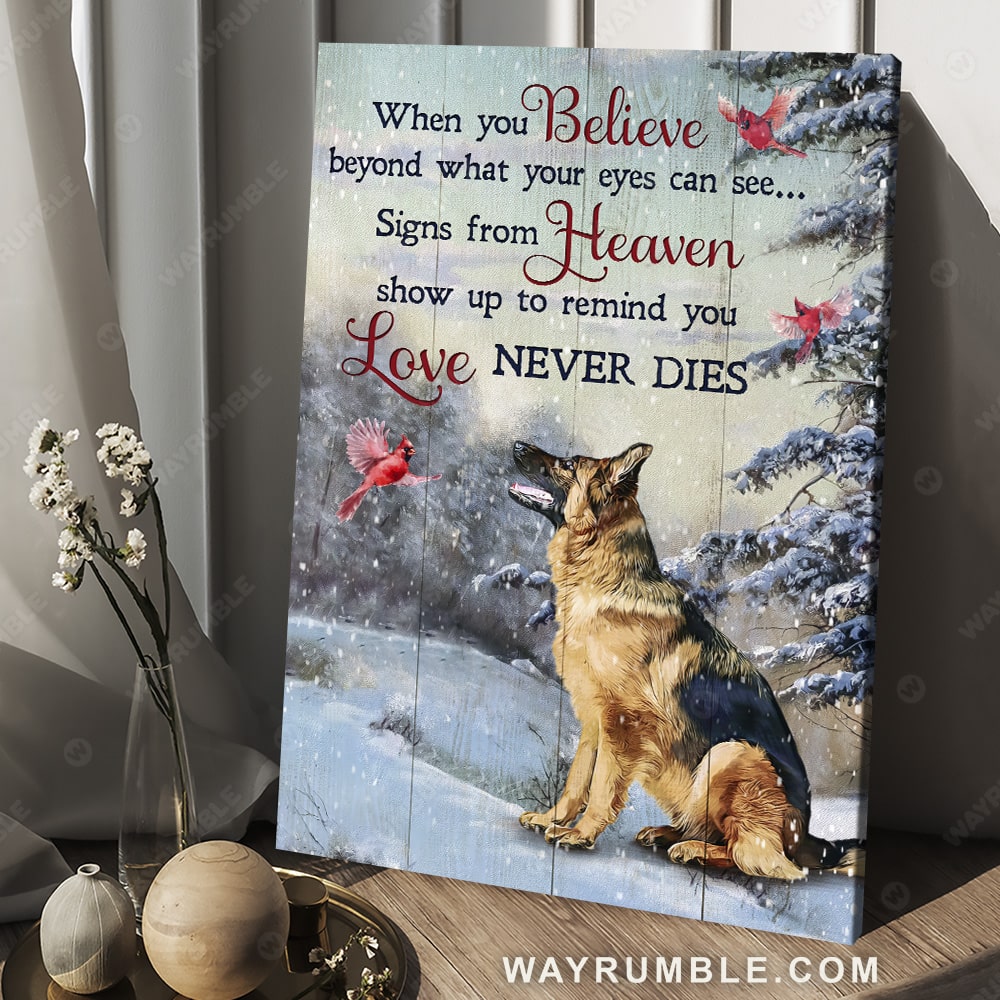 Winter forest, German shepherd drawing, Cardinal, Signs from heaven - Heaven Portrait Canvas Prints, Wall Art