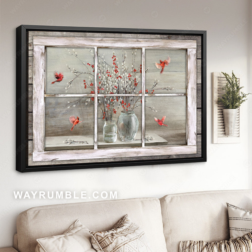 Baby flower vase, Red cardinal, Antique window - Heaven Landscape Canvas Prints, Wall Art