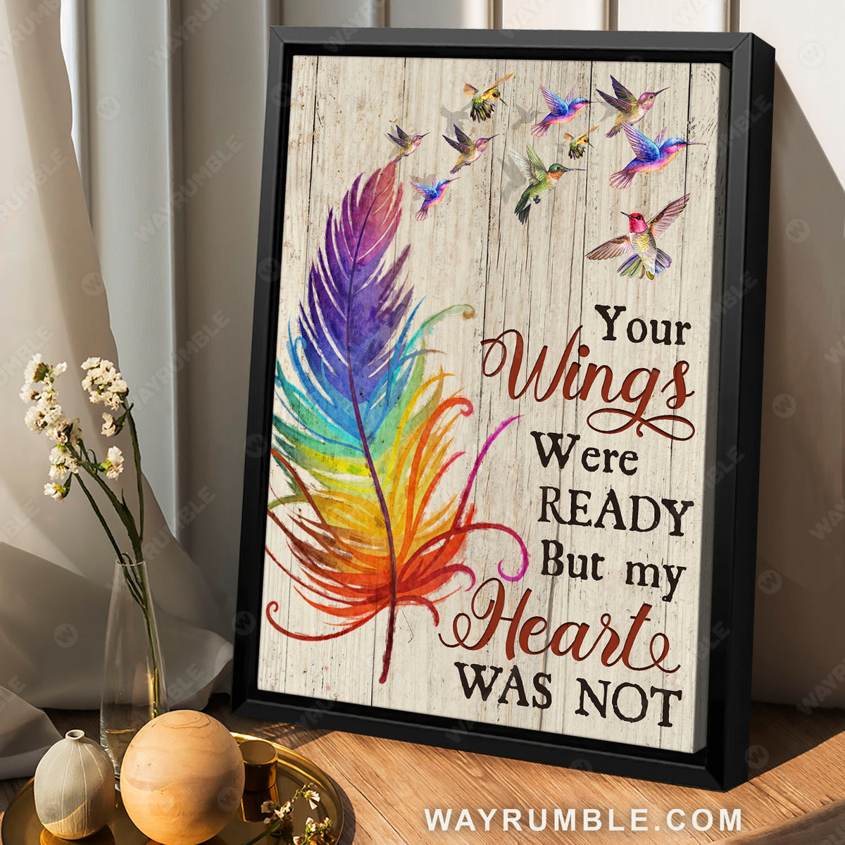 Colorful Hummingbird, Bird feather, Your wings were ready but  my heart was not - Heaven Portrait Canvas Prints, Wall Art