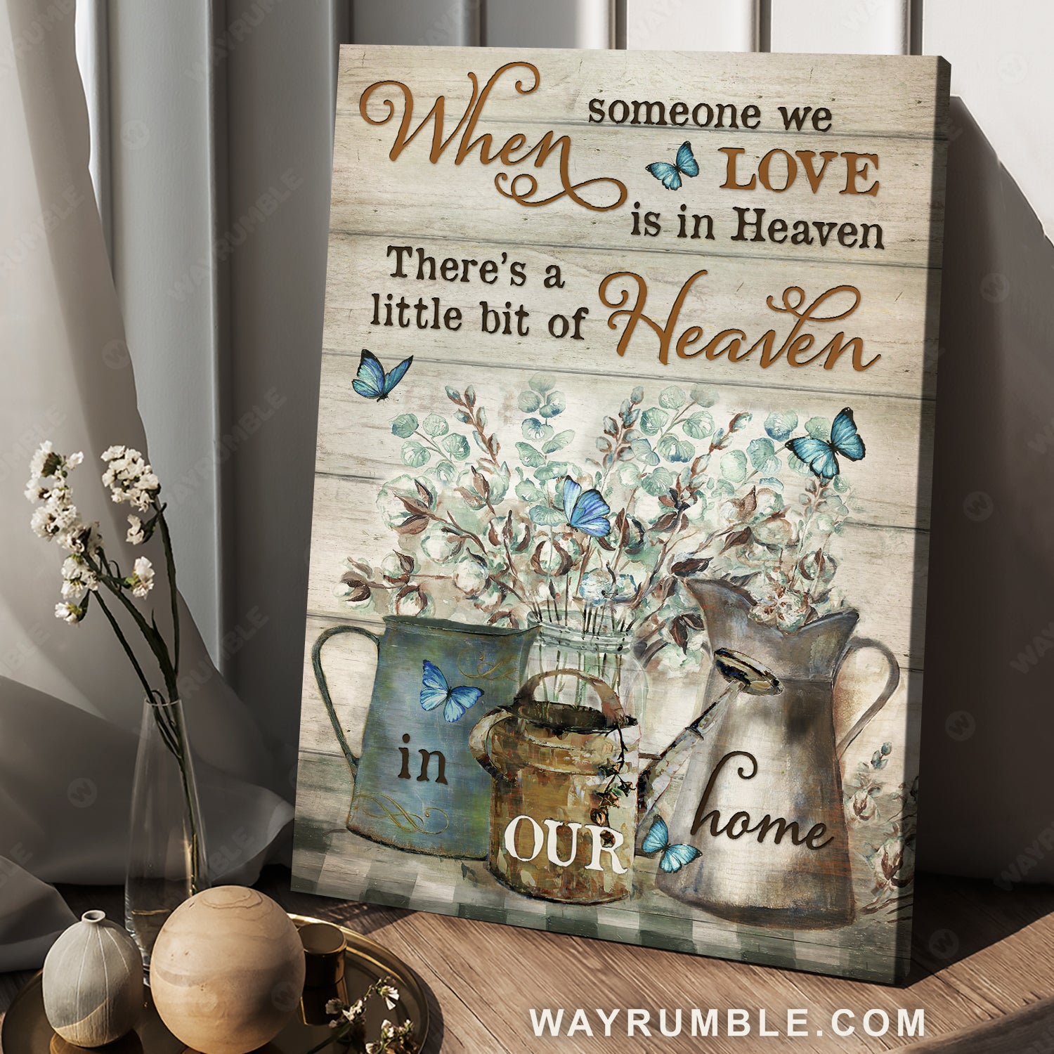 Cotton flower, Blue butterfly, When someone we love is in heaven - Heaven Portrait Canvas Prints, Wall Art