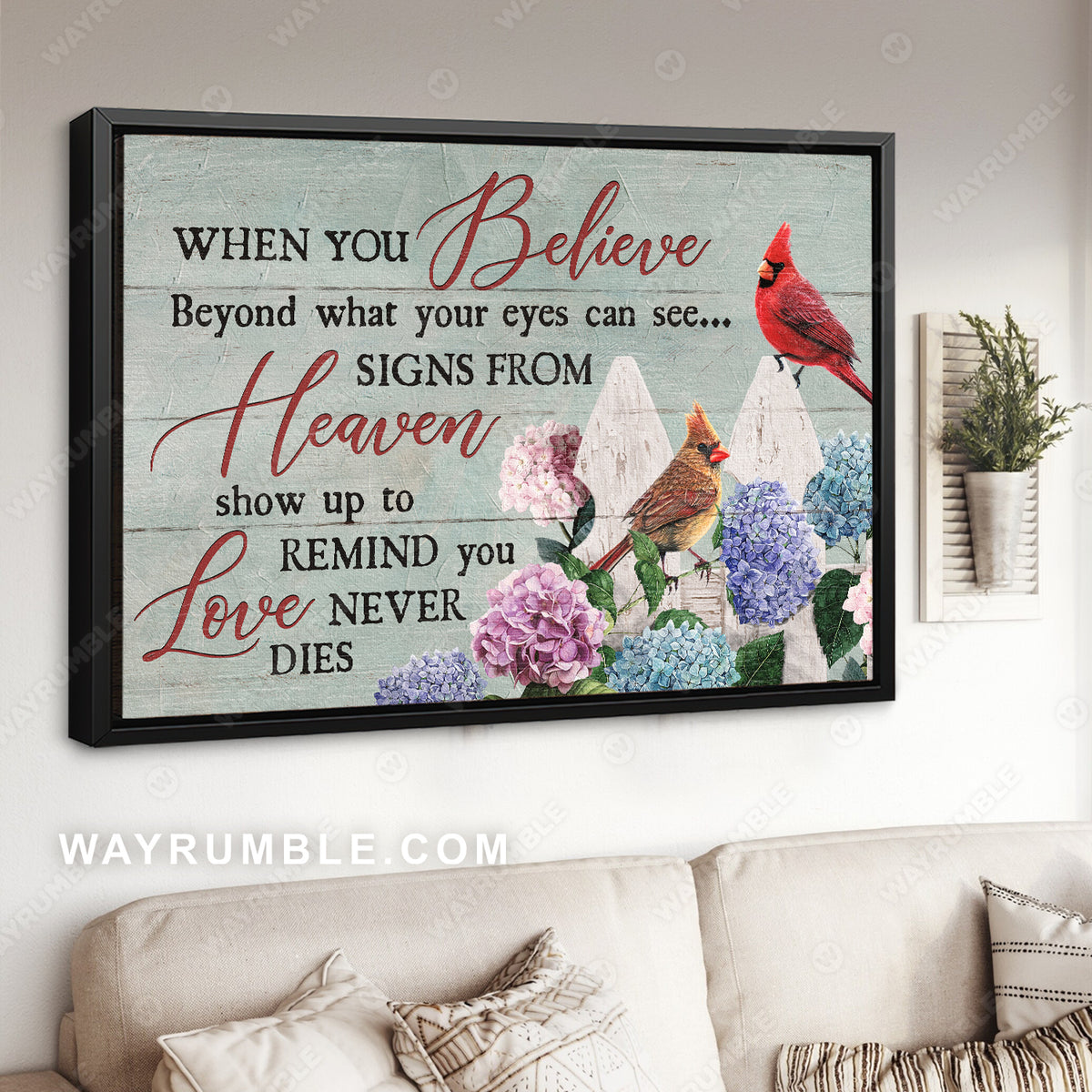 Northern cardinal, Hydrangea flower, Garden fence, Love never dies - Heaven Landscape Canvas Prints, Wall Art