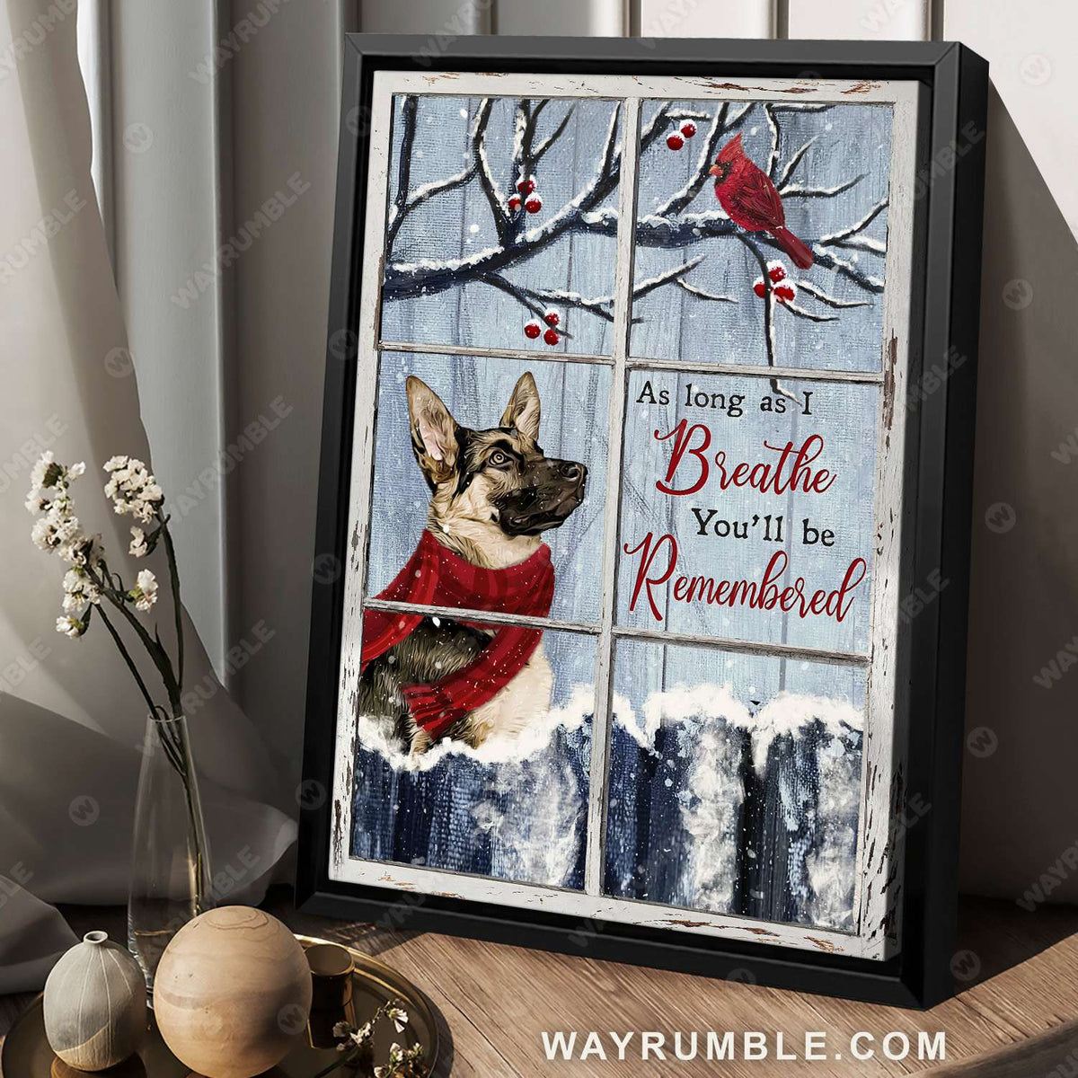 German Shepherd, Cardinal and cranberry tree, Winter garden, I&#39;ll be remembered - Heaven Portrait Canvas Prints, Wall Art