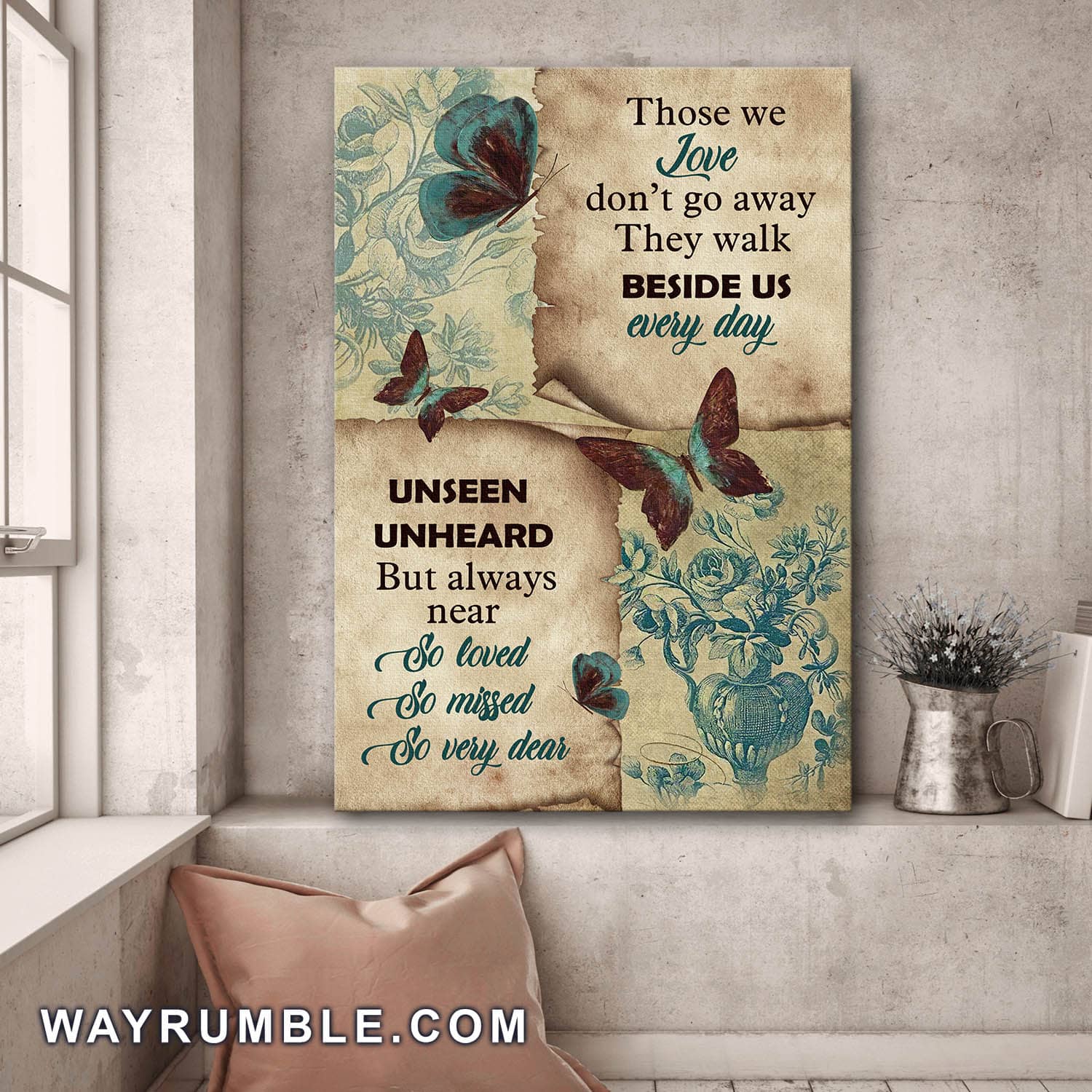 Vintage flower vase, Those we love don't go away - Heaven Portrait Canvas Prints, Wall Art