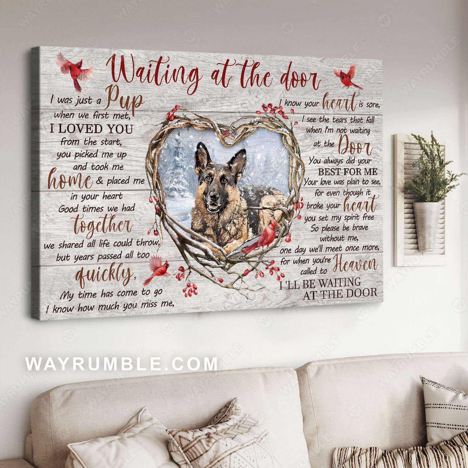 Heart of thorn, German shepherd dog, Red cardinal, Waiting at the door - Heaven Landscape Canvas Prints, Wall Art