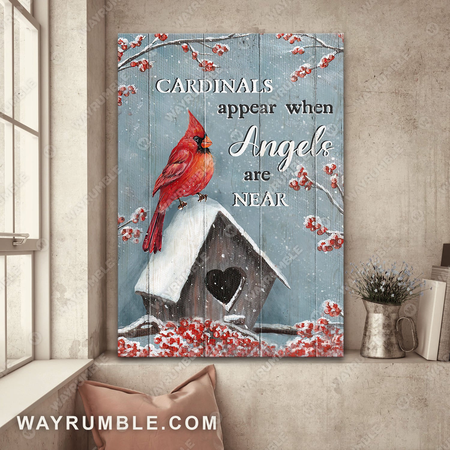 Wooden birdhouse, Red cardinal, Cardinals appear when angels are near - Heaven Portrait Canvas Prints, Wall Art