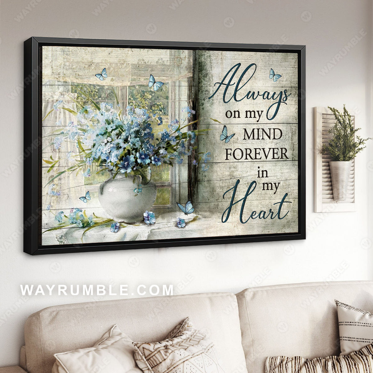 Blue flower, Blue butterfly, Window frame, Always on my mind - Heaven Landscape Canvas Prints, Wall Art