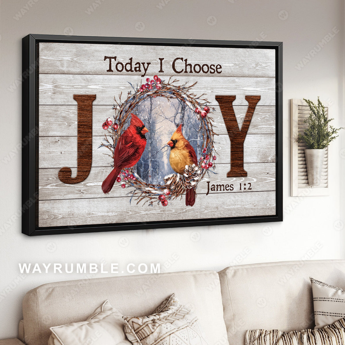 Watercolor cardinal, Beautiful cranberry wreath, Today I choose joy - Heaven Landscape Canvas Prints, Wall Art