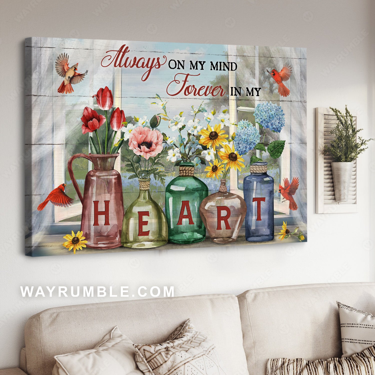 Colored glass bottles, Tulip, Daisy, Hydrangea, Red cardinals, Forever in my heart - Heaven Landscape Canvas Prints, Wall Art