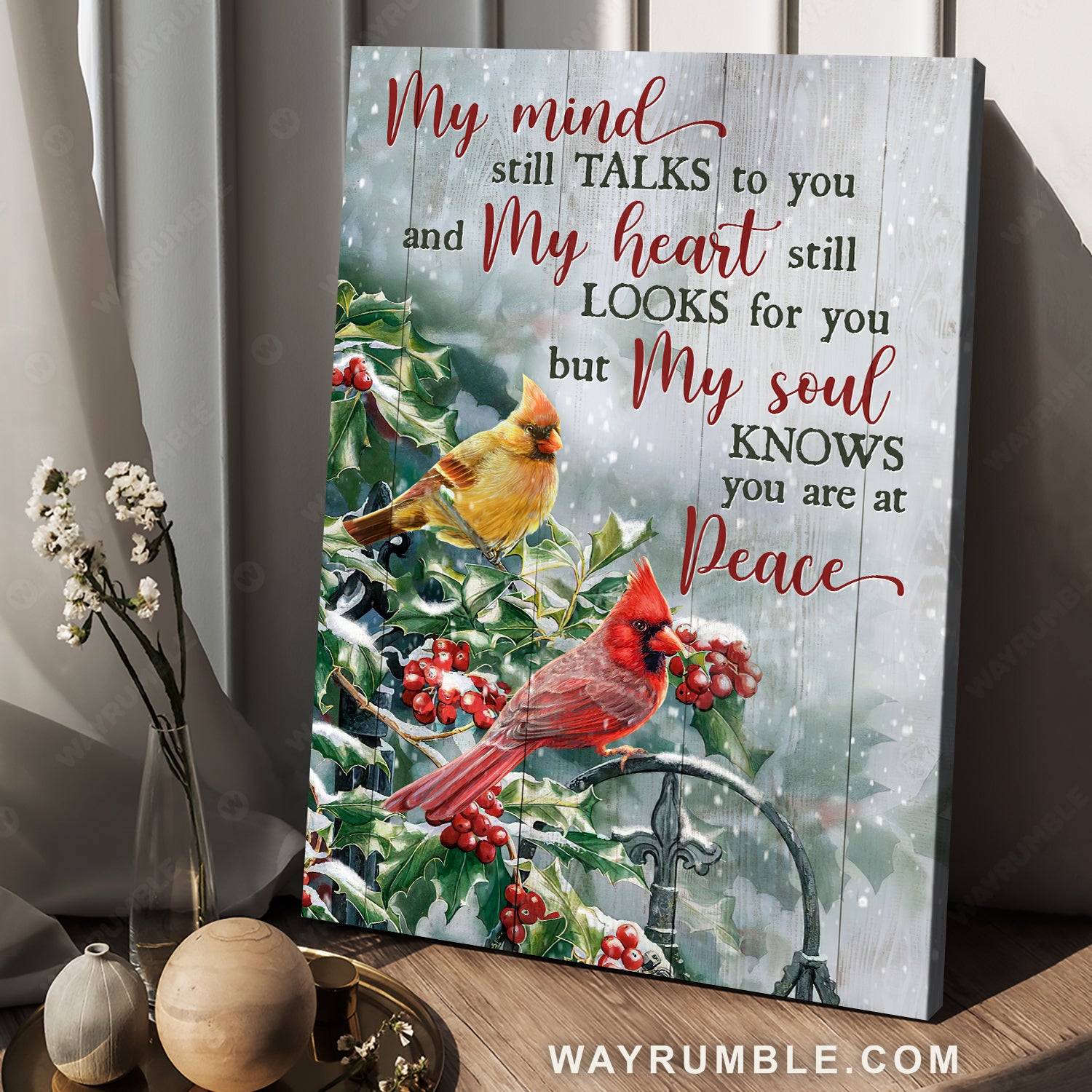Frozen cranberry forest, Beautiful cardinal, My mind still talks to you - Heaven Portrait Canvas Prints, Home Decor Wall Art