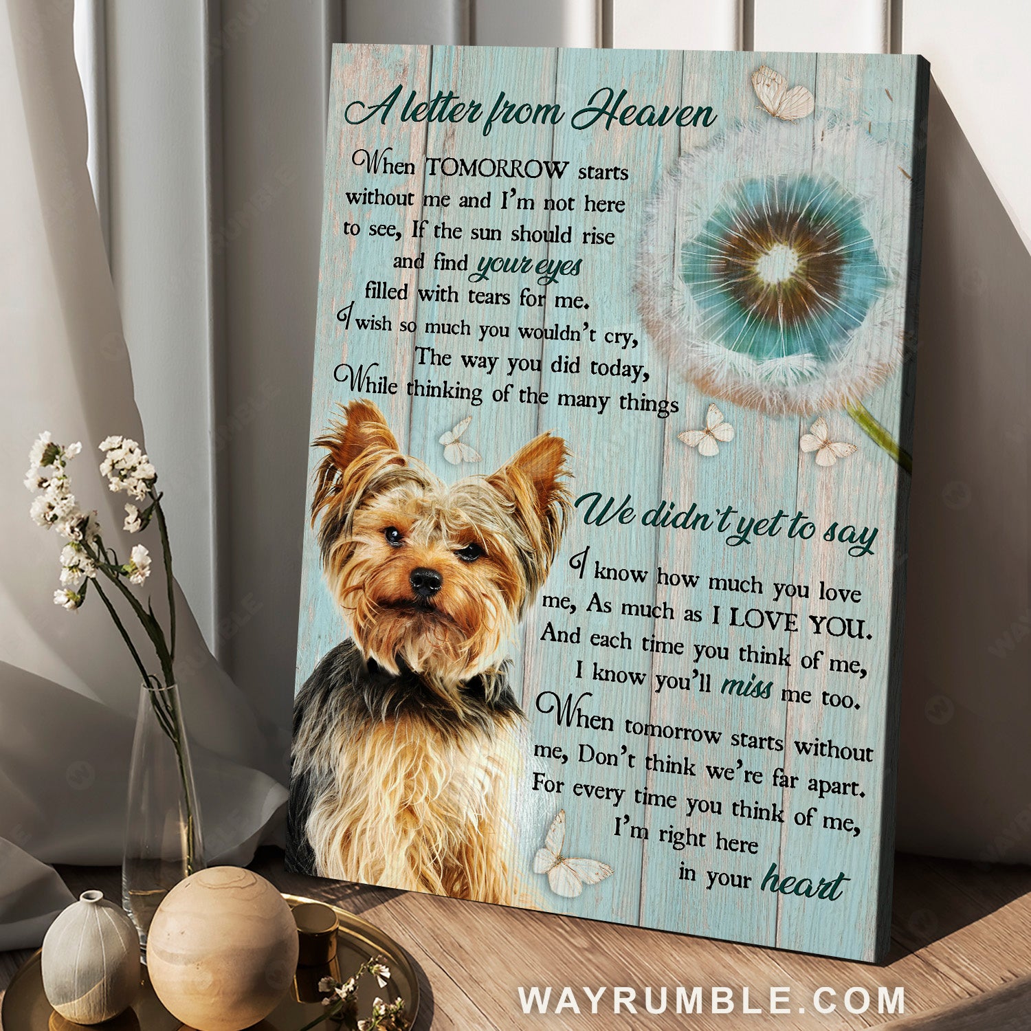 Cute Yorkshire Terrier, Pretty dandelion, White butterfly, A letter from heaven - Heaven Portrait Canvas Prints, Home Decor Wall Art