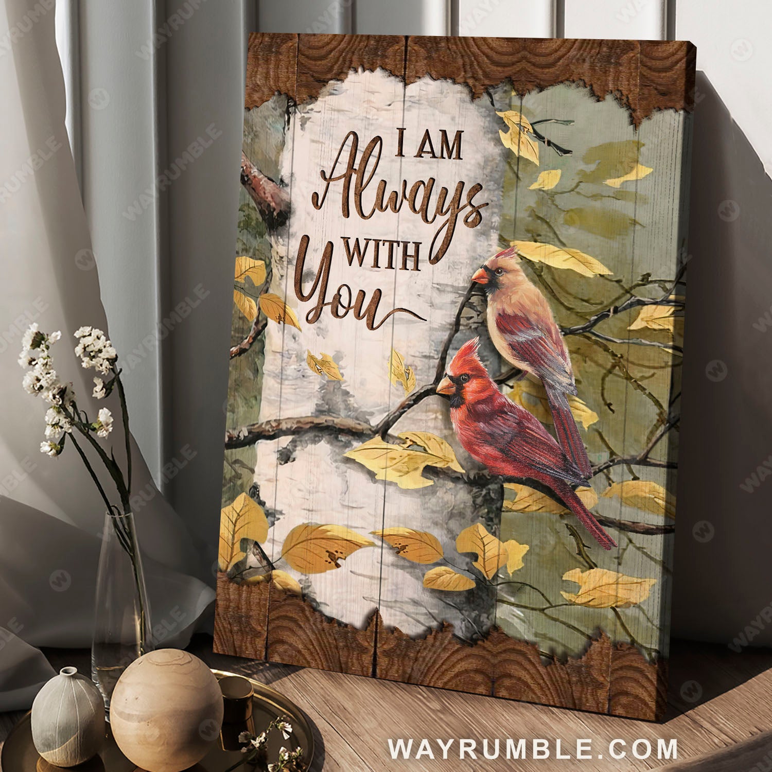 Cardinal couple, Love message, Autumn season, I am always with you - Heaven Portrait Canvas Prints, Wall Art