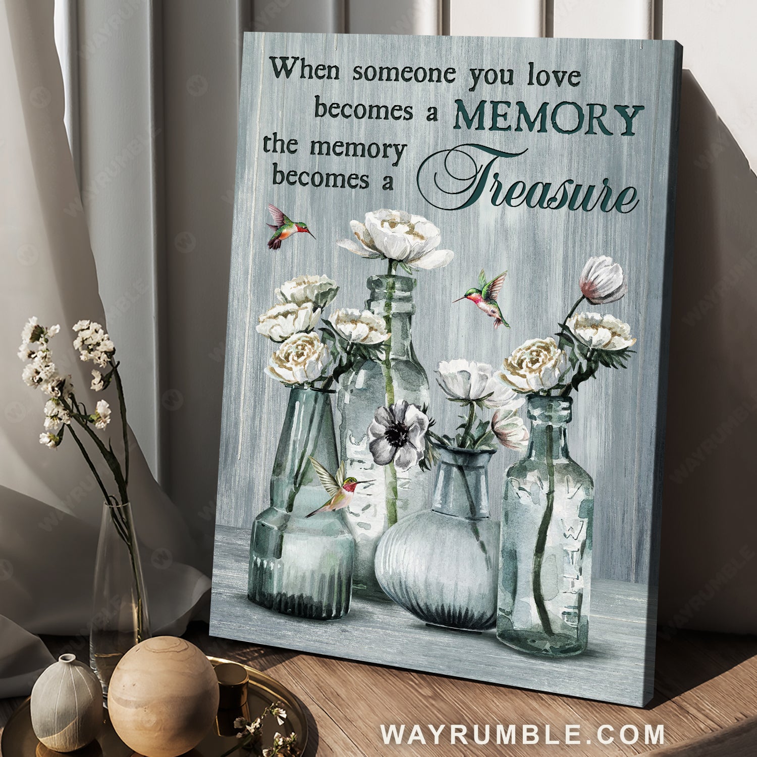 White flower painting, Colorful hummingbird, The memory becomes a treasure - Heaven Portrait Canvas Prints, Home Decor Wall Art