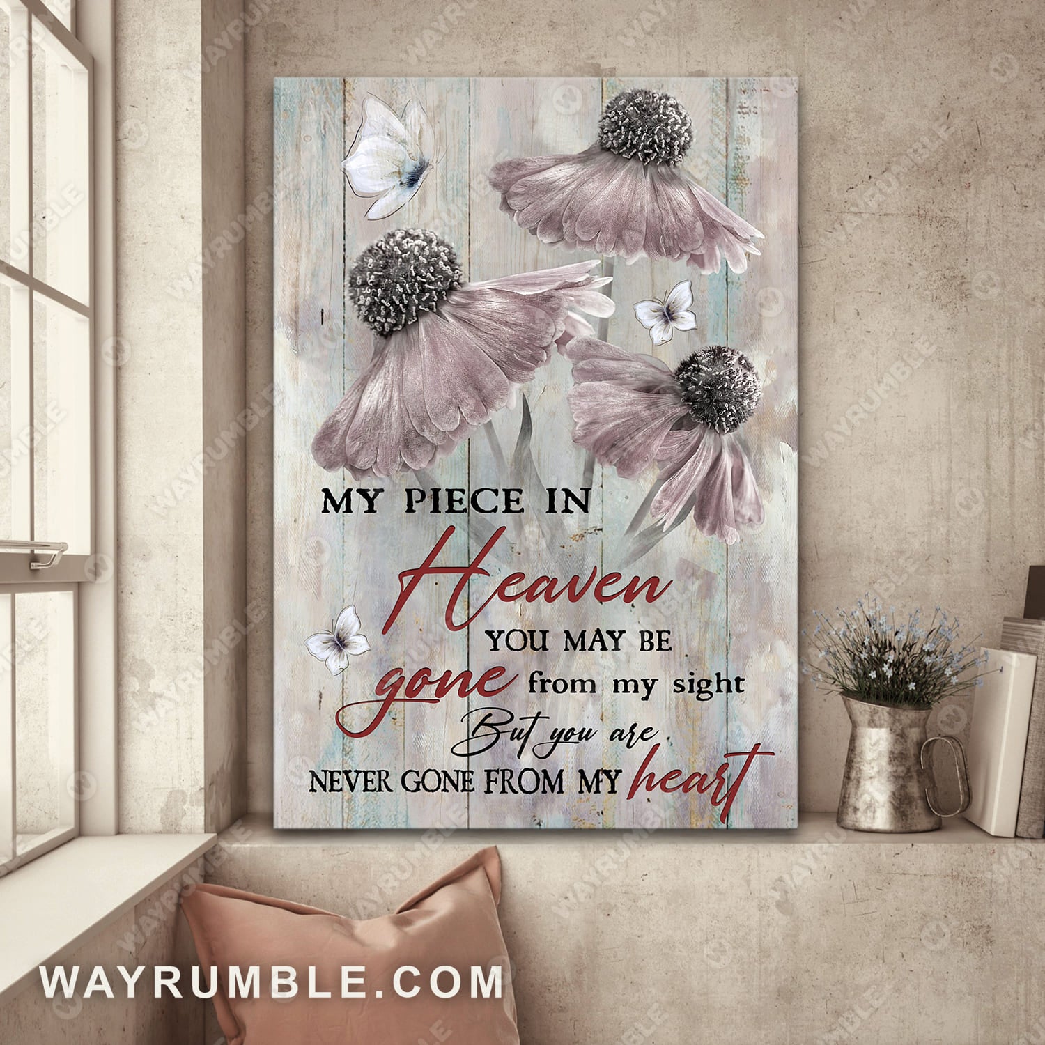 Light pink flower painting, Crystal butterfly, You are never gone from my heart - Heaven Portrait Canvas Prints, Wall Art