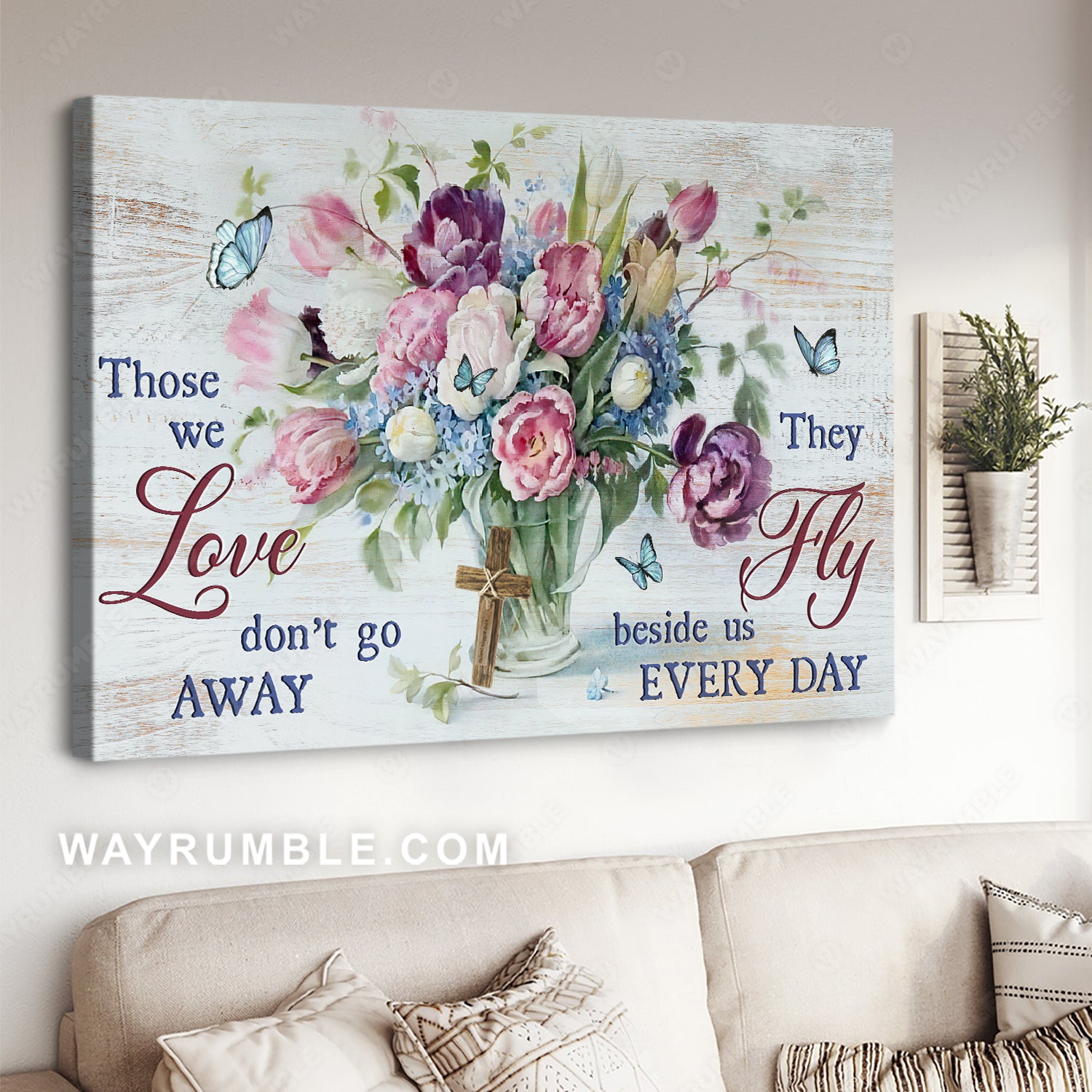 Pastel flower vase, Wooden cross, Butterfly, They fly beside us every day - Heaven Landscape Canvas Prints, Wall Art