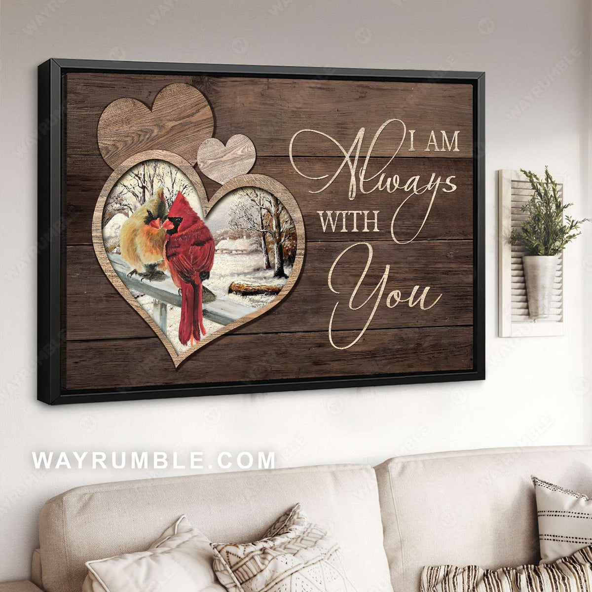 Cardinal couple, Winter garden, Heart wooden background, I am always with you - Heaven Landscape Canvas Prints, Wall Art